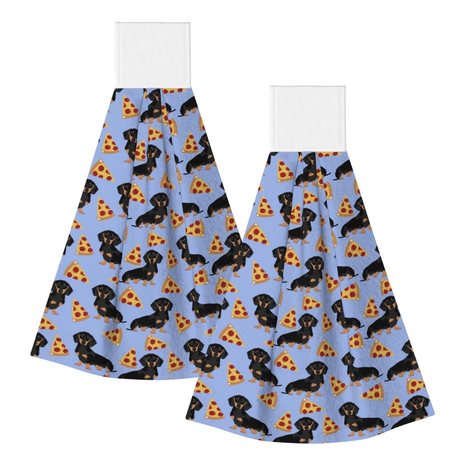 DOPKLNA Pizza Food Dachshund Dog Cute, 2 Pcs Hanging Coral Fiber Hand Towels for Bathroom, Absorbent Kitchen Towels