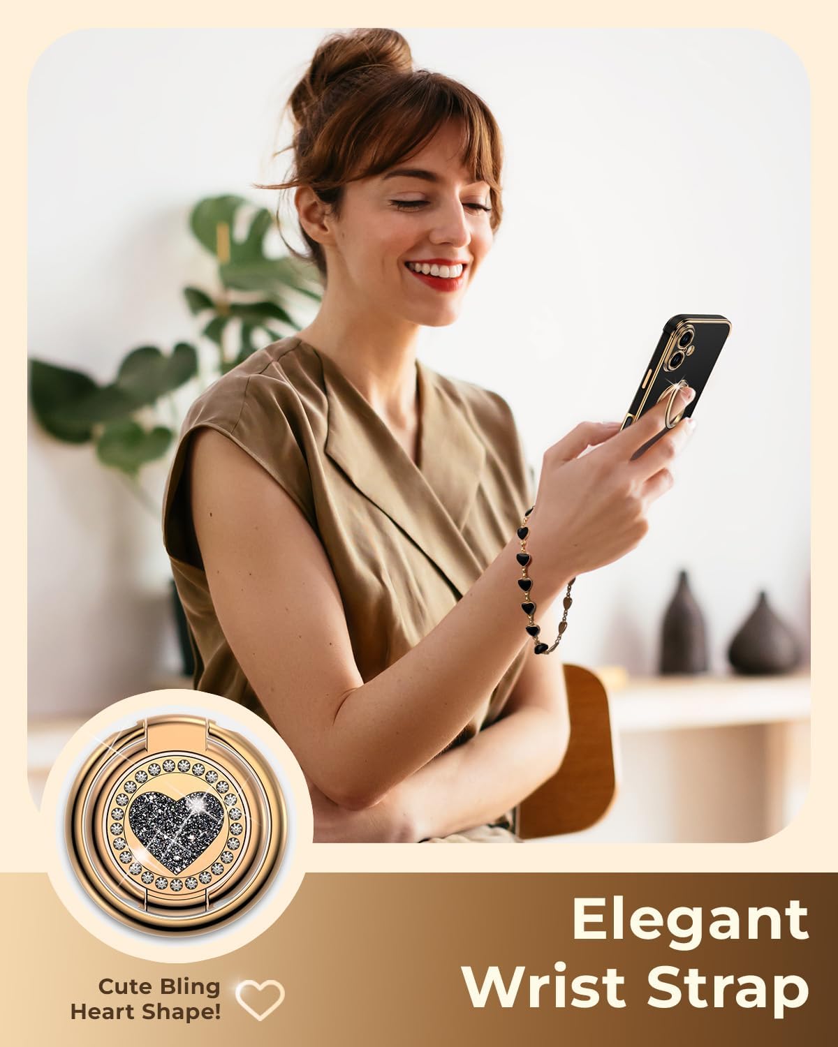 XYZ for iPhone 17 Case with Stand, Phone Case with Double Ring Kickstand, Women Girls Bling Luxury Protective Case Heart for iPhone 17, Black - Image 4