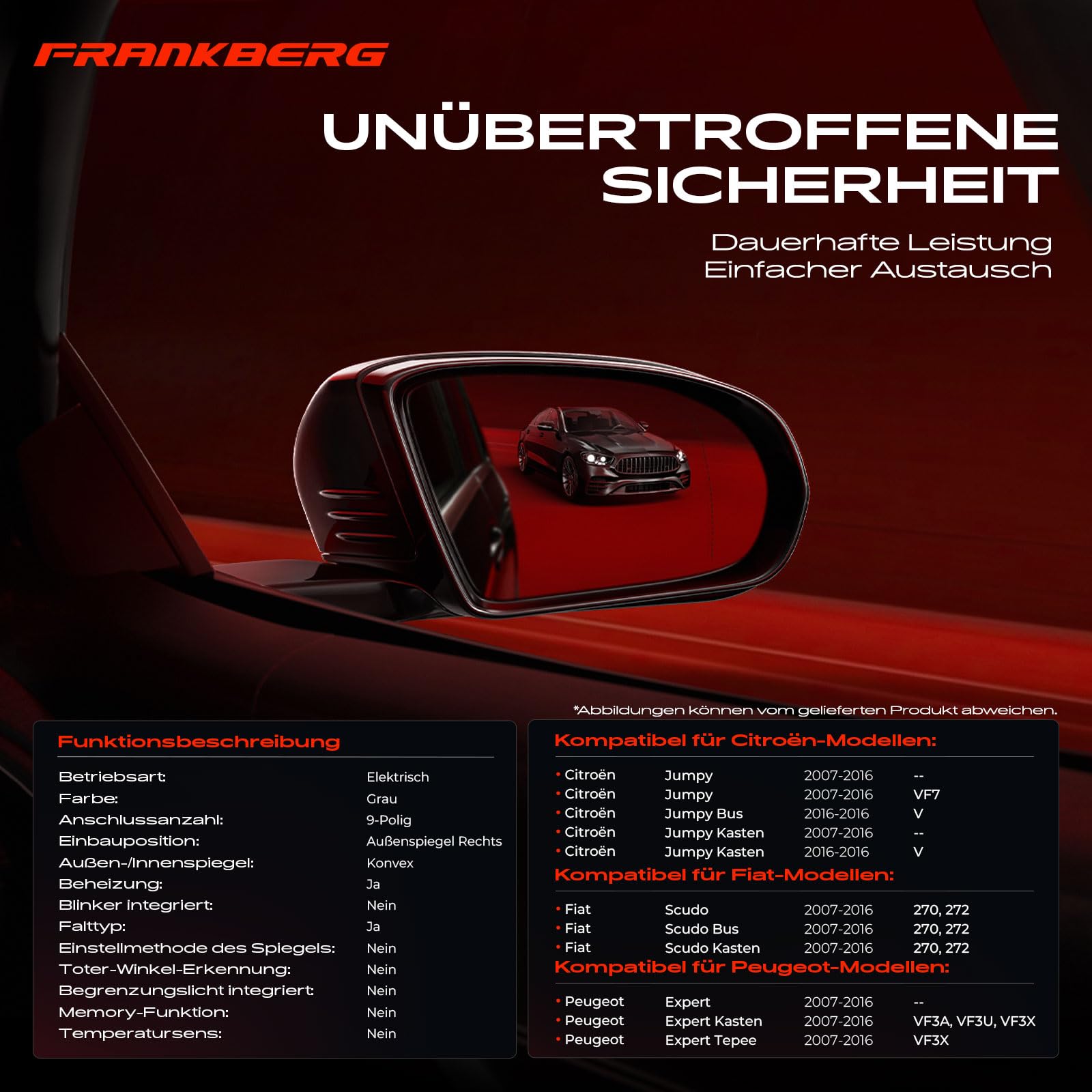 Frankberg Elektrisch Aussenspiegel Außenspiegel Rechts 9-Polig &-Beheizbar &-Temperatursensor Kompatibel mit Jumpy VF7 2007-2016 Jumpy Bus V 2016-2016 Replace# 9252955
