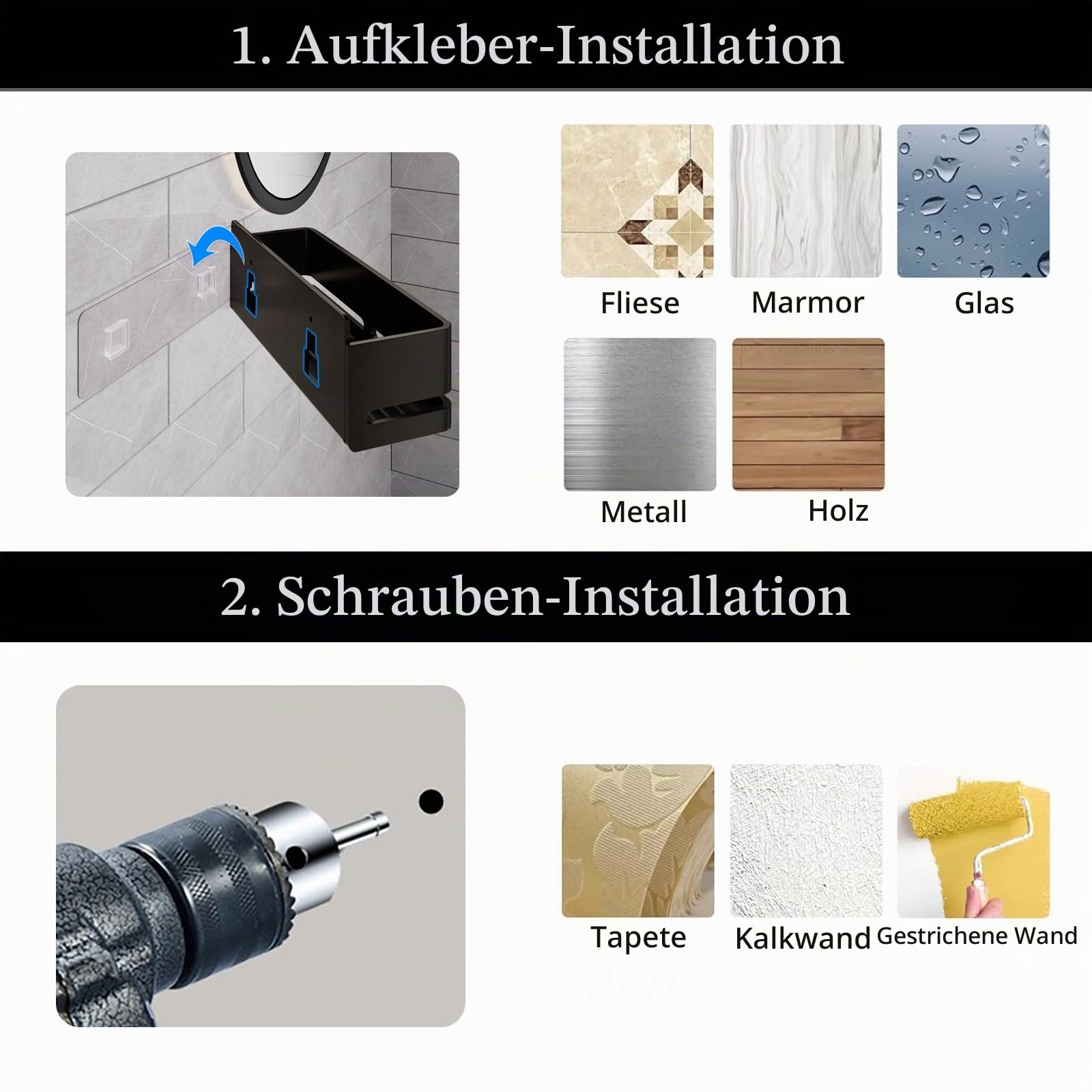 Badezimmer Aufbewahrungsregal 5er-Set, Grau duschkorb，ohne Bohren | Zwei Badezimmerregale, ein Zahnbürstenhalter und eine Seifenschale; multifunktionale Aufbewahrung; wasserfest und rostfrei.