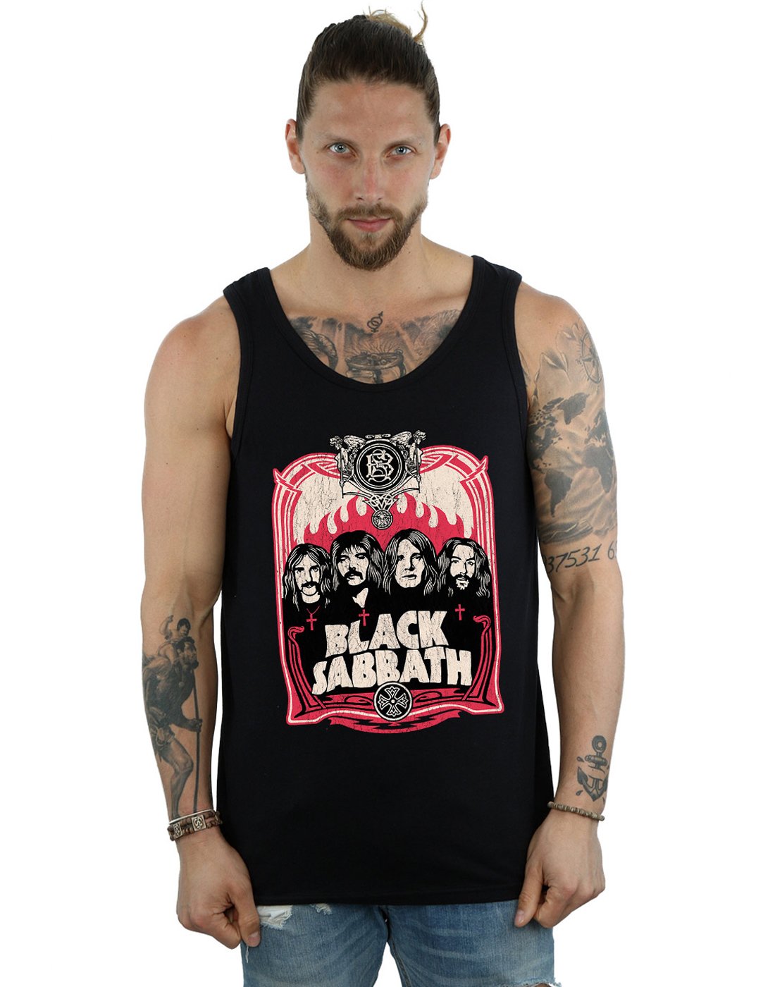 Absolute Cult Men's Black Sabbath Flames Distressed Vest Large