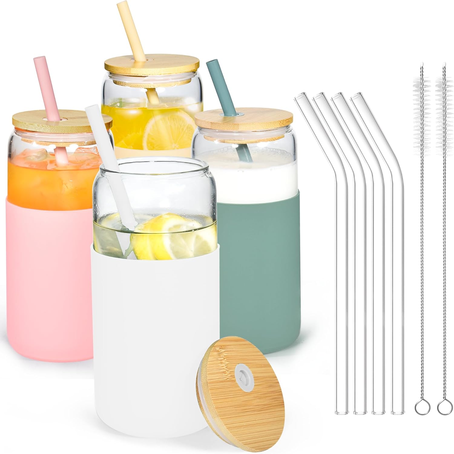 20oz Glass Coffee Cups with Lids and Straw Iced Coffee Glasses with Silicone Protective Sleeve Drinking Glasses Set of 4 for Juice Beer Smoothie(Mixed ColorB)