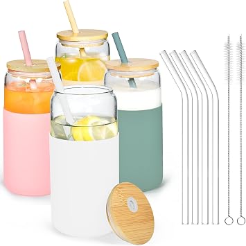 Glass Cups with Lids and Straws Glass Tumbler with Silicone Sleeve