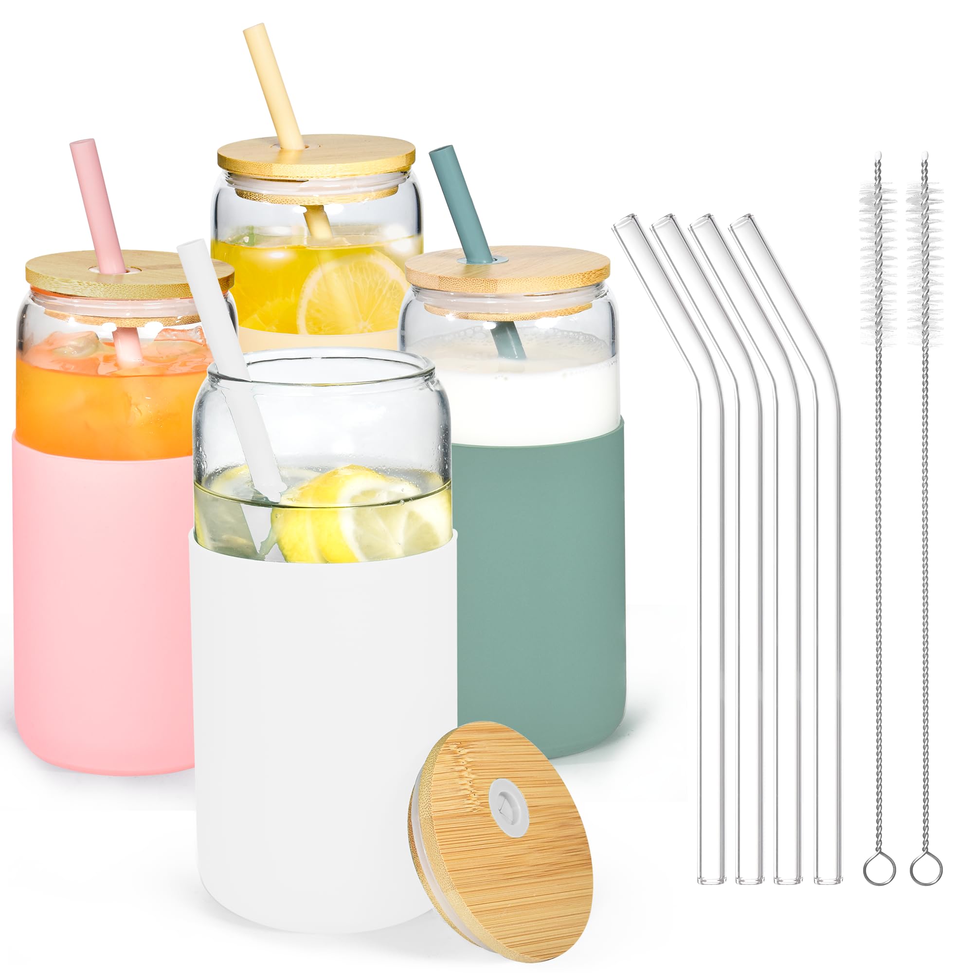 Icesip 20oz Glass Coffee Cups with Lids and Straw Iced Coffee Glasses with Silicone Protective Sleeve Drinking Glasses Set of 4 for Juice Beer