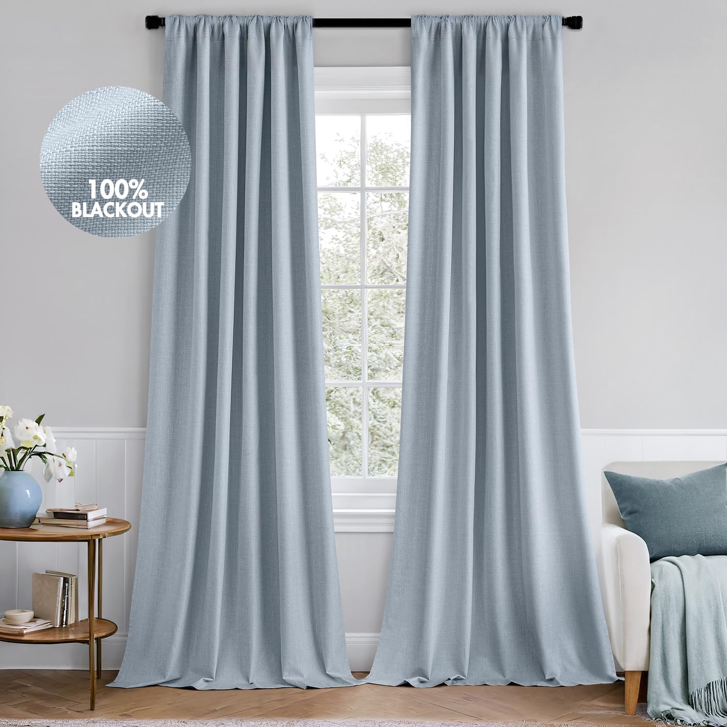 MIULEE 100% Blackout Curtains 102 Inch Long 2 Panels Set for Bedroom, Thick Faux Linen Black Out Curtain Room Darkening Back Tab Pleat Window Textured Drapes with Hooks for Living Room, Chambray Blue 50"W x 102"L (Pack of 2) Chambray Blue