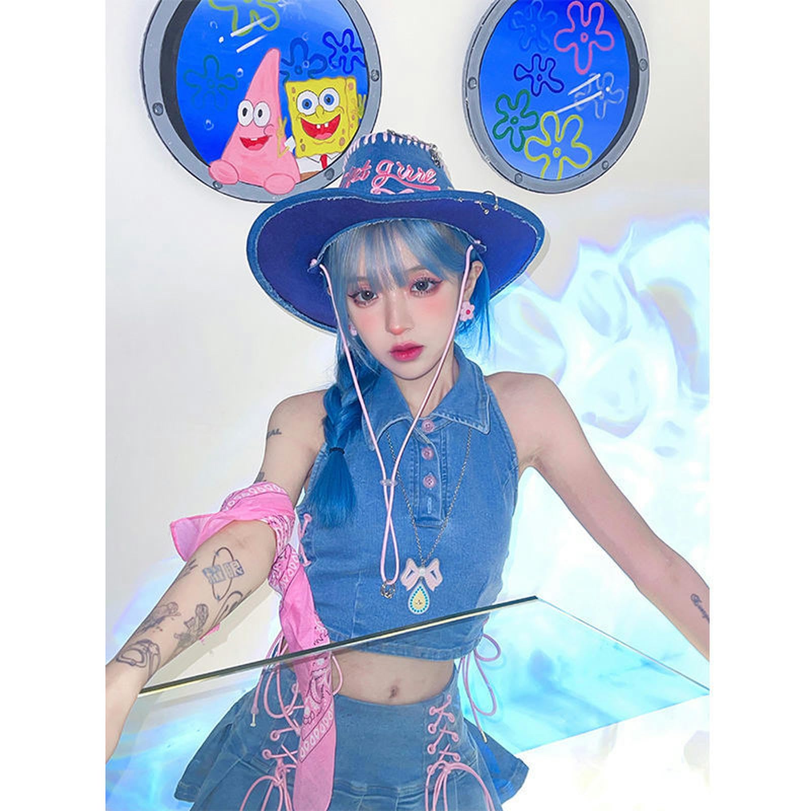 Falda Y2k Verano Nueva Minifalda Denim Sólido Top Sin Mangas E-Girl Kawaii Cintura Alta con Cordones Falda Plisada Traje Estética De Los Años 90-Azul Claro -M