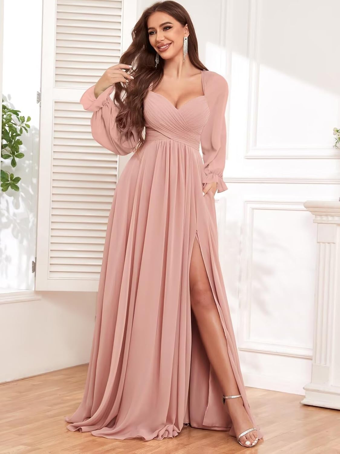 VCCICANY Long Sleeve Bridesmaid Dresses for Women Chiffon Pleated Formal Evening Gowns with Slit - Image 3