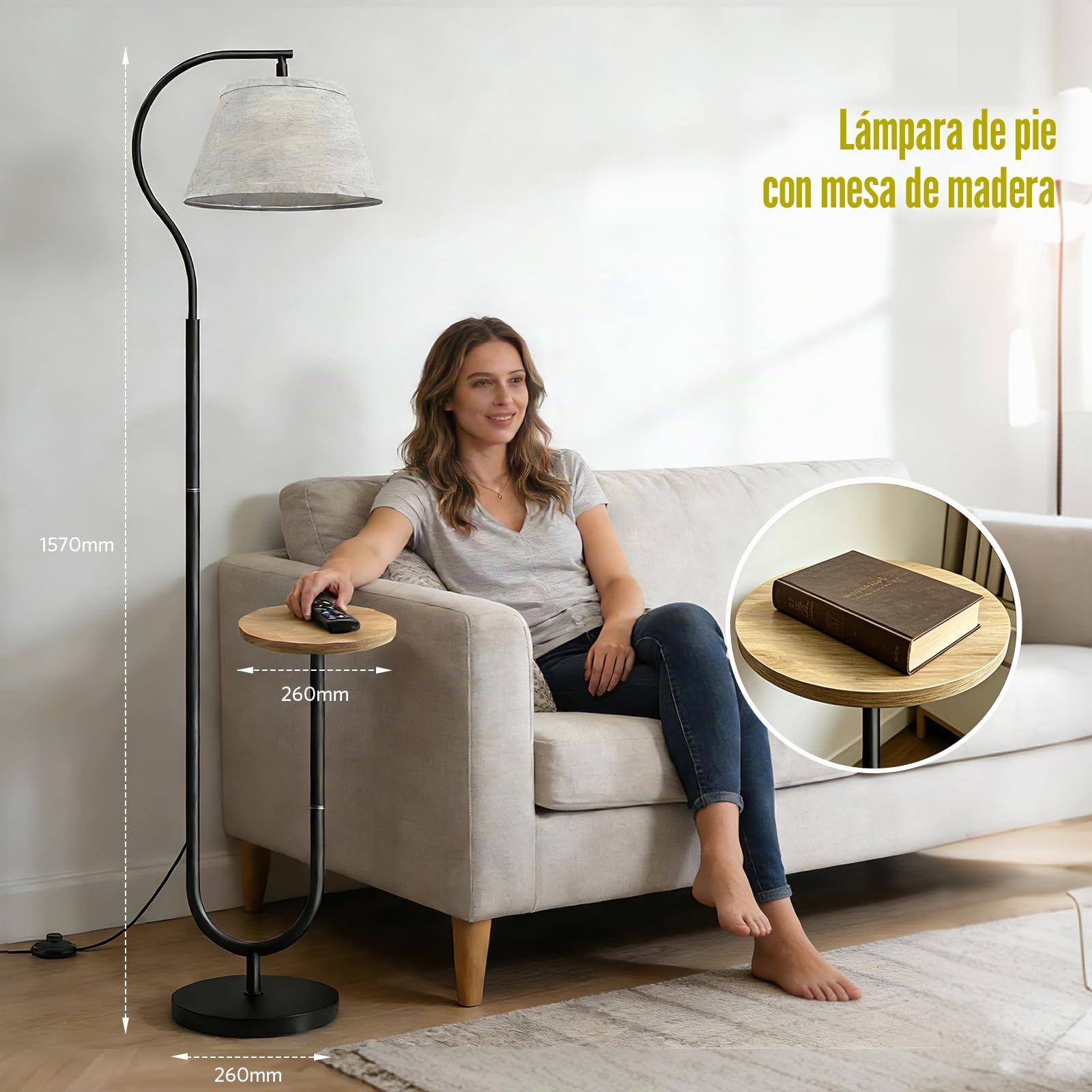 BBHome Lámpara de pie para Salón, Lámpara Moderna con Arco y Estante, Lampara pie con Mesita y Pantalla de Lino, Lampara de pie con Casquillo E27 para Salón, Dormitorio, Estudio y Oficina,Negro