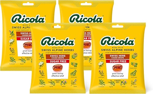 Ricola Gotas de garganta supresoras de hierbas supresoras de la tos sin azúcar, bolsa de 19 unidades (paquete de 4)