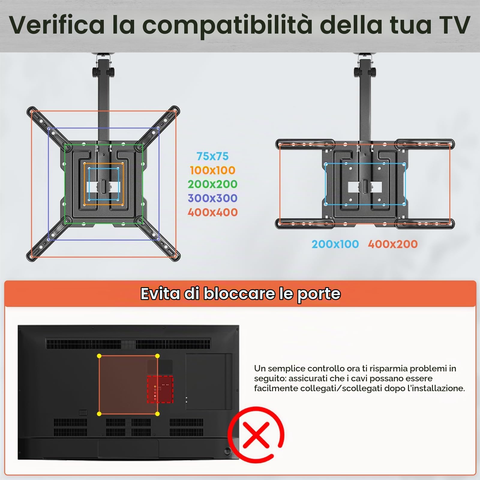 PUTORSEN 23-55 pollici Supporto TV soffitto, Girevole Ripiegabile Supporto TV da Soffitto per Soffitto Piano Inclinato, Porta TV Fino a 20kg con Max VESA 400x400mm,Nero