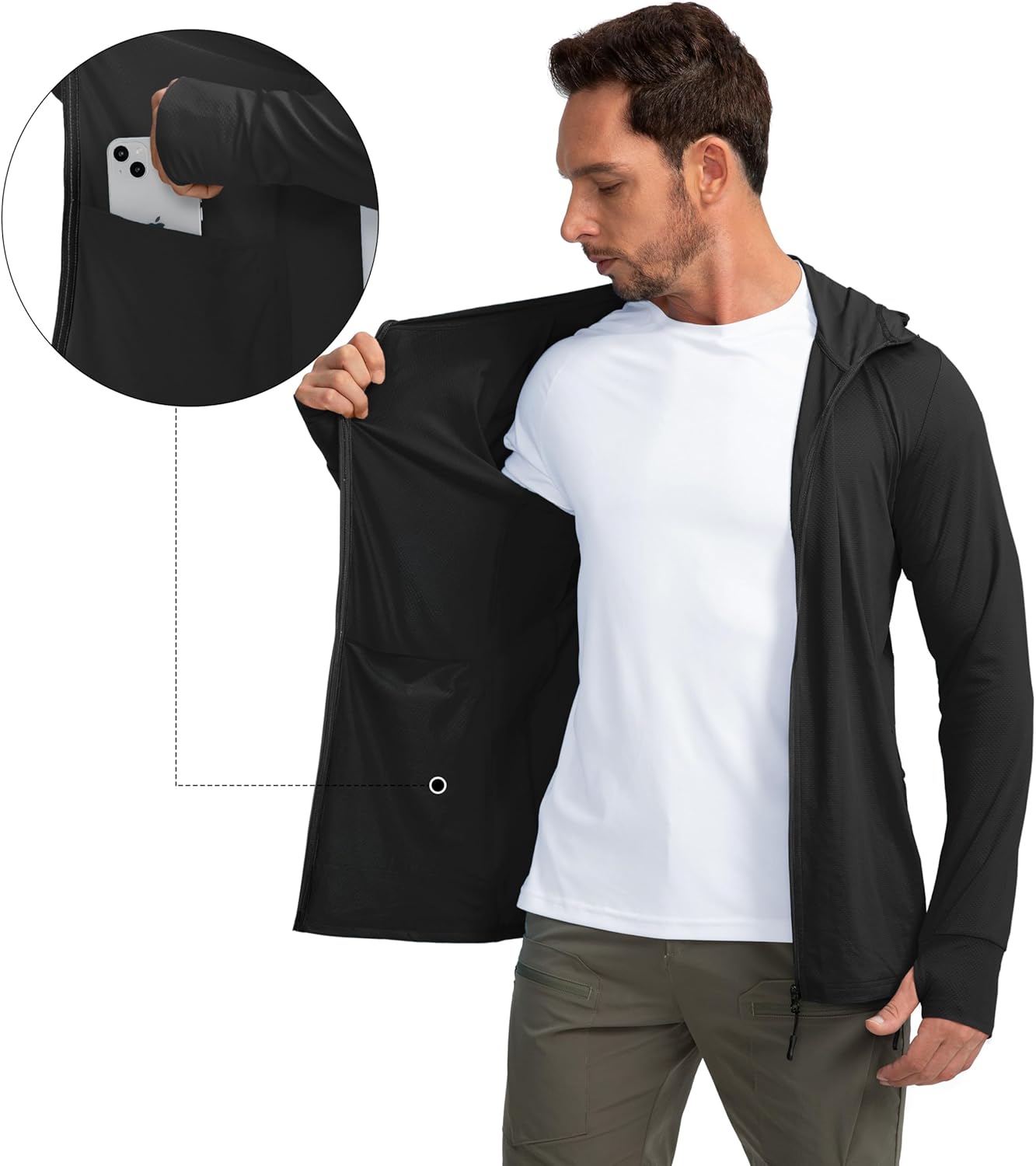 Men's UPF 50+ Light Jacket Full Zip Sun Protection Hoodie Long Sleeve Sun Shirts for Men Hiking Fishing Zip Pockets - Image 4