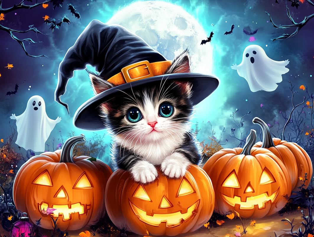 Bimkole 5D Diamond Art Kits for Adults Halloween Pumpkin, DIY Full Drill Rhinestone Embroidery Set Paint with Diamonds Art Cats by Number Kits Cross Stitch Home Wall Craft Decoration 30x40 cm