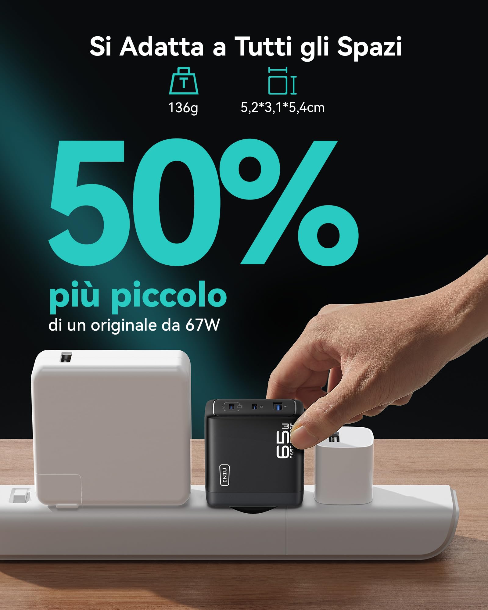 INIU 65W Caricatore USB C, [USBC *2 + USBA] 3-Porto Presa USB Caricatore Multipla PD & QC Carica Cellulare, USBC Caricabatterie per iPhone 16 15 14 Pro Max, iPad Pro Air, Samsung S25 S24 S23 Ultra ecc