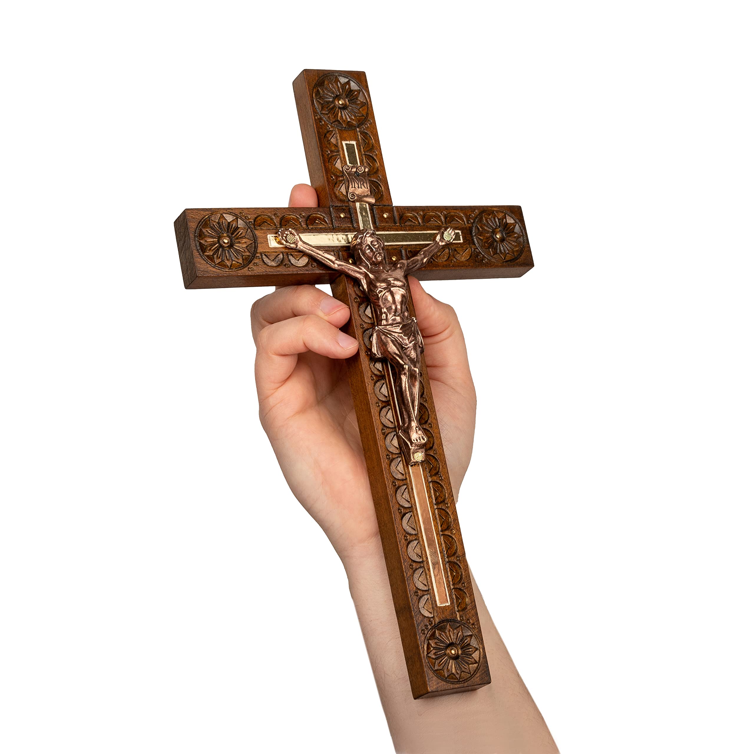 Woodvio - Croce da Parete in Legno Fatta a Mano, Finitura Intagliata, Crocifisso Cattolico