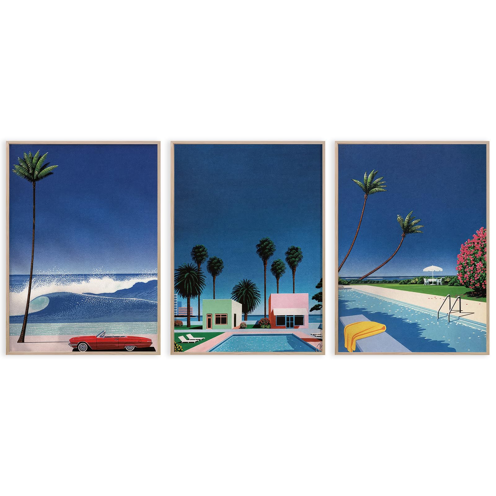 ZHGYGBN Retro Tropical Palm Tree Ocean Pool Wall Art Set of 3 - Mid Century Modern Vintage Landscape Prints, Decor for Living Room Bedroom Home, 12x16 inch Unframed — image 1