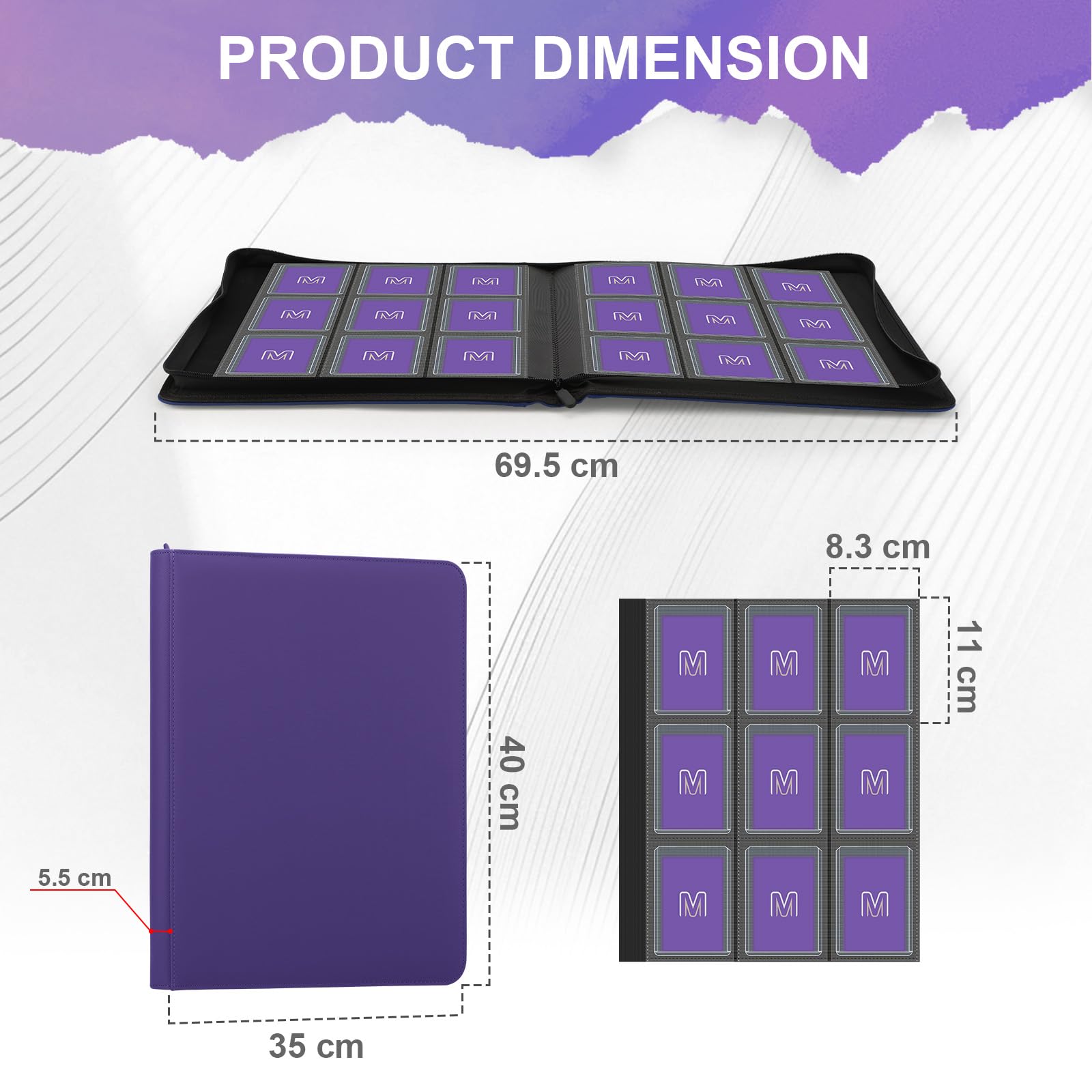 Classeur à chargement par le haut, peut contenir jusqu'à 288 cartes, classeur à 9 poches avec pochettes pour étuis rigides de 7,6 x 10,2 cm (9 violet6)