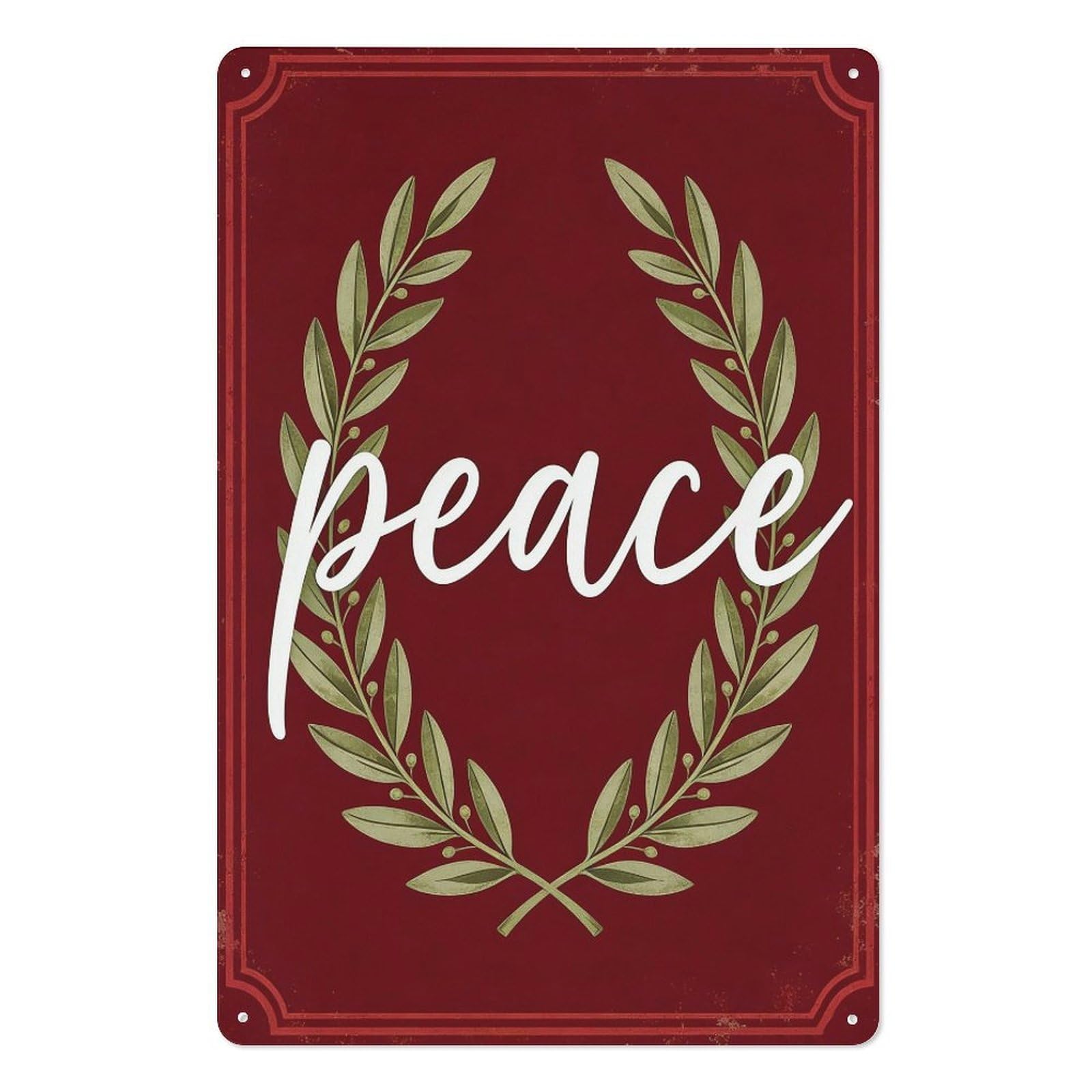 peiyeety Peace Holiday Metal Tin Sign – 8x12 Inch Olive Wreath Illustration with Red Background, Rustic Wall Decor Plaque for Home Gift
