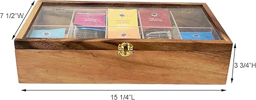 Miniatura 4 de Woodard & Charles Caja de té con compartimento de madera de acacia con ventana, almacenamiento y organizador (caja de té de 10 compartimentos)