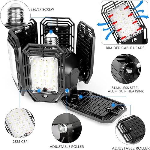 Miniatura 3 de Paquete de 2 luces LED de garaje de 180 W, deformables, 18000 lúmenes, cerca del techo, E26 E27, iluminación brillante de seis hojas, luz LED ultra