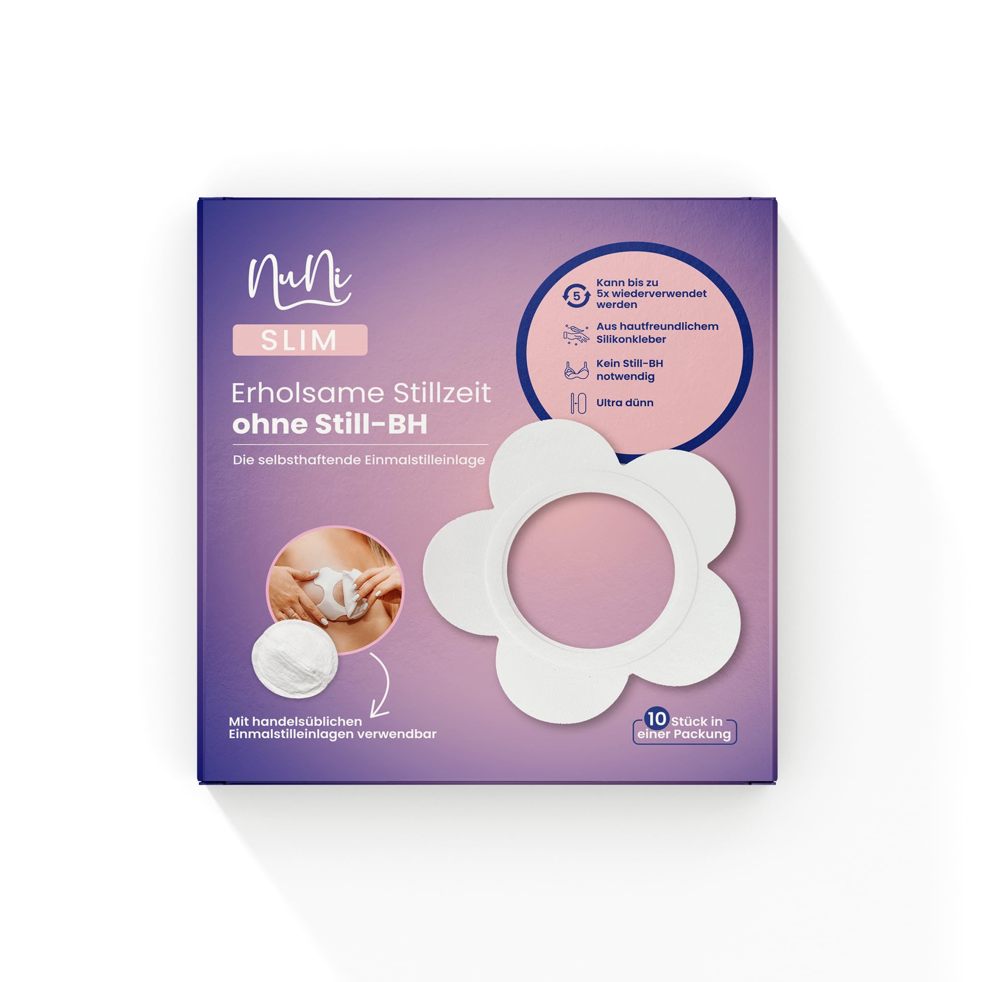 NuNi SLIM Einweg Stilleinlagen, Selbstklebende Einmalstilleinlagen, Ultradünne und Atmungsaktive Still-Pads, Stillen ohne Still-BH, 10 Stück