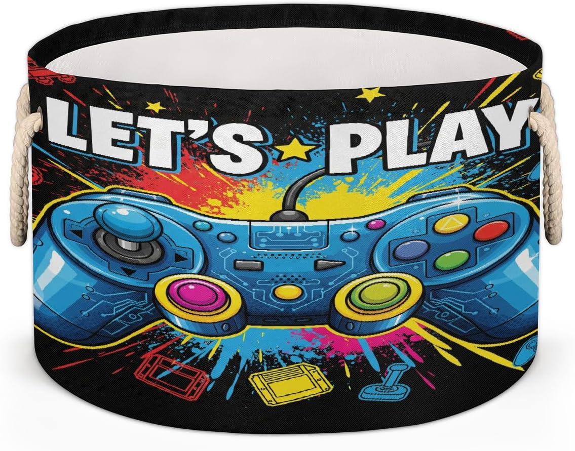 Large Storage Baskets - Retro Game Controller Nursery Round Collapsible Organizer Bin Box Laundry Hamper for Kids Toys, Blanket, Bedroom Living Room Home Decor, Gift Basket, 19.4"x13.3"
