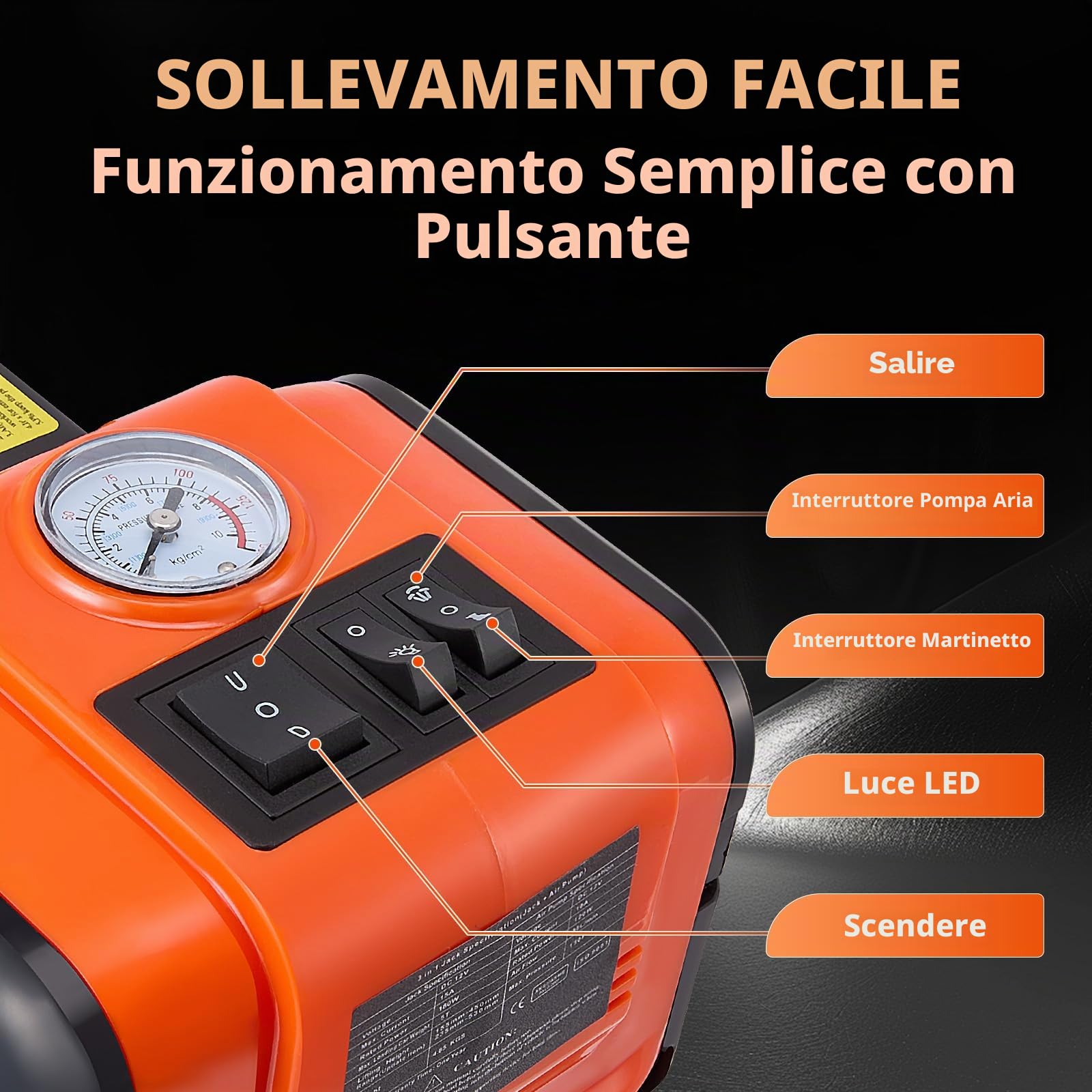 Cric idraulico elettrico 5T 12V 180W con pompa gonfiabile e luce LED 150-540 mm per auto SUV