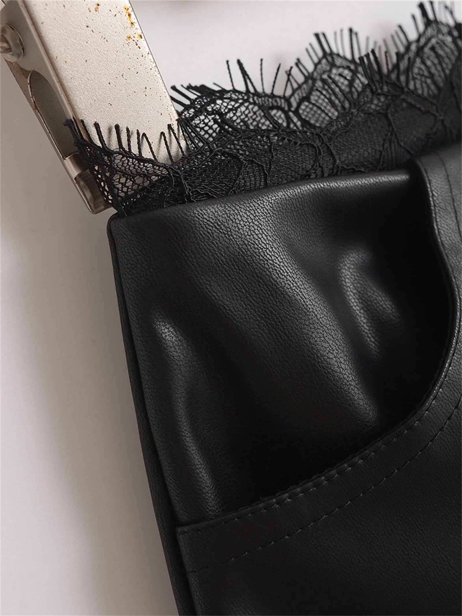 Minifaldas con Ribete de Encaje de Piel sintética Negra para Mujer Falda de Cuero Dividida de Talle bajo marrón con Pantalones Cortos,Marrón-Pequeño