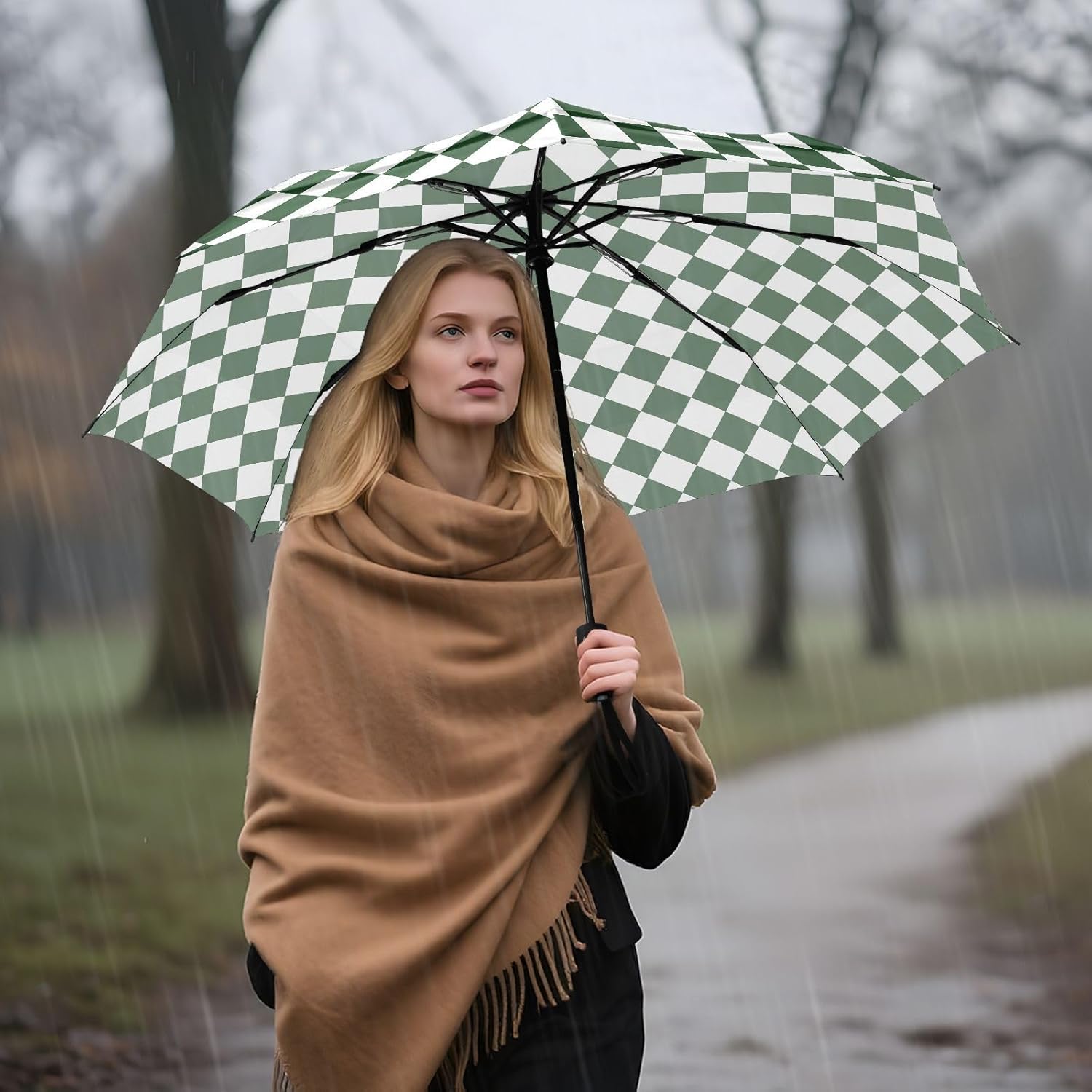 Windproof Travel Umbrella Compact Green and White Checkered Pattern Umbrellas for College Fits Car Walking