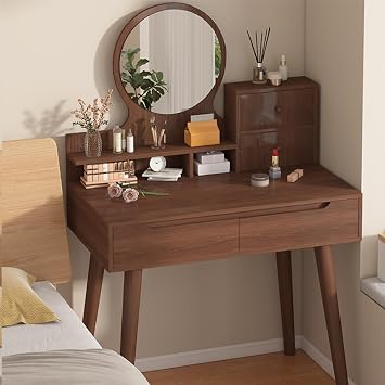Makeup Vanity Desk, Makeup Vanity with Round Mirror, Vanity Desk with Drawers, Vanity Desk with Drawers for Samll Spaces Color Walnut, Size Double Pump