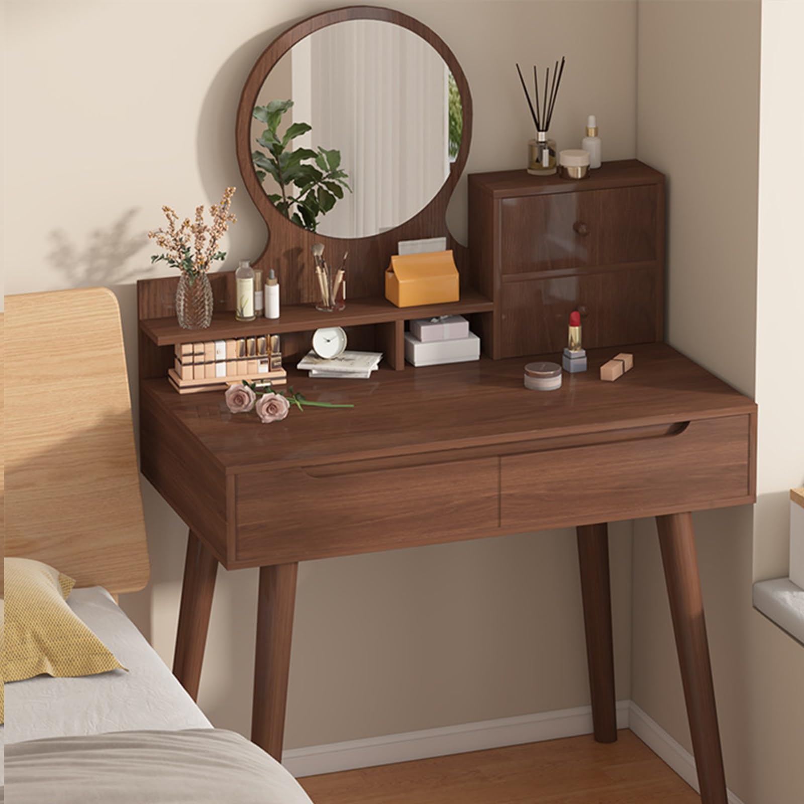 asdchZen Walnut Makeup Vanity Desk With Round Mirror & Drawers Stylish Desk For Small Spaces Double Pump Design Perfect For Bedroom & Makeup Nization