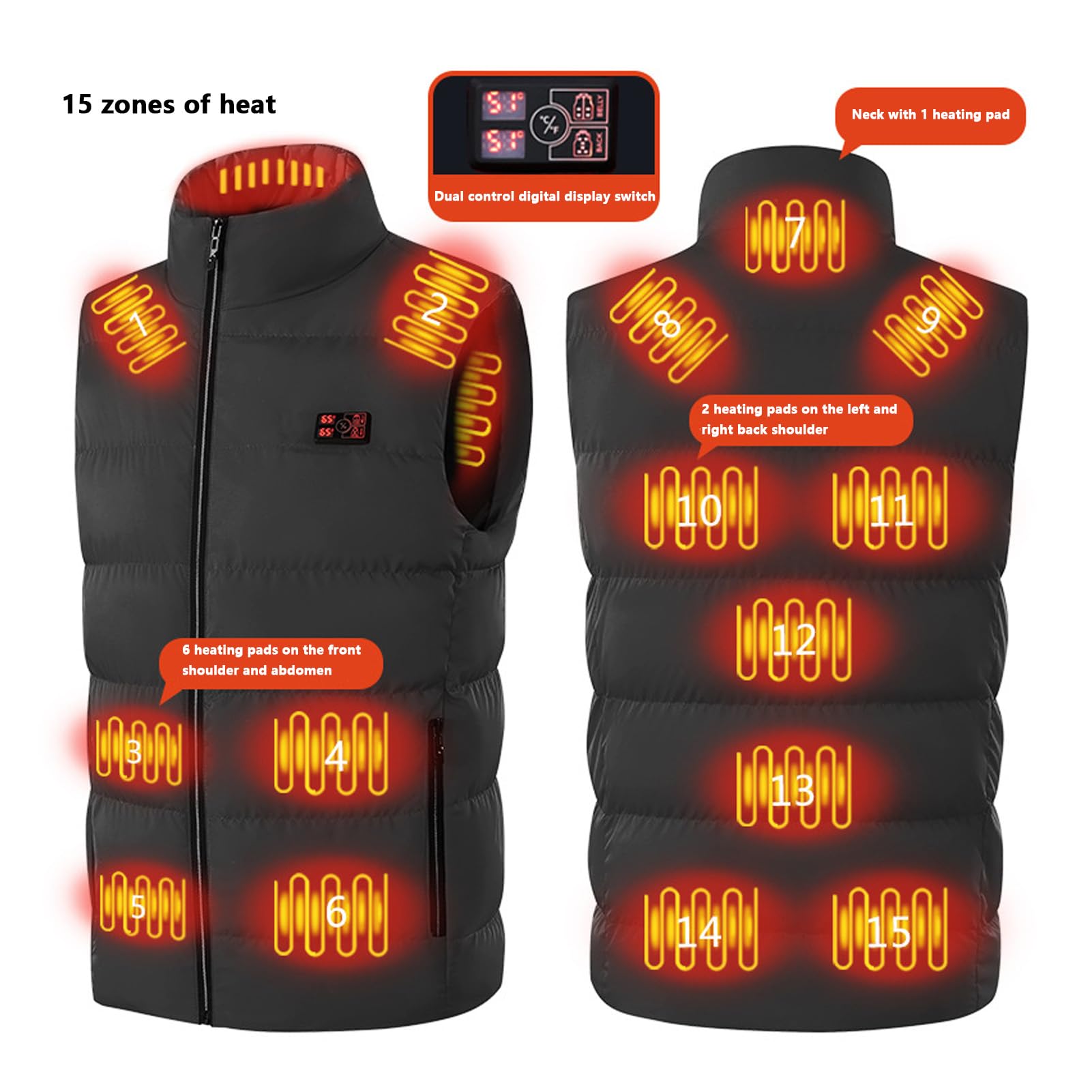 Tbest Gilet Chauffant, USB épaissir 15 Zones Gilets Chauffants électriques Veste Chauffante électrique Gilet pour la Randonnée Ski Travail en Plein Air Noir