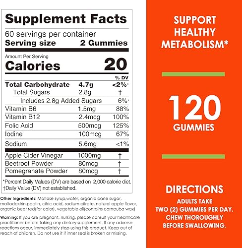 Miniatura 5 de Nature's Key Gomitas de vinagre de sidra de manzana, 120 unidades de gomitas ACV con vitamina fólica B6 B12 remolacha y granada, veganas, sin OMG y