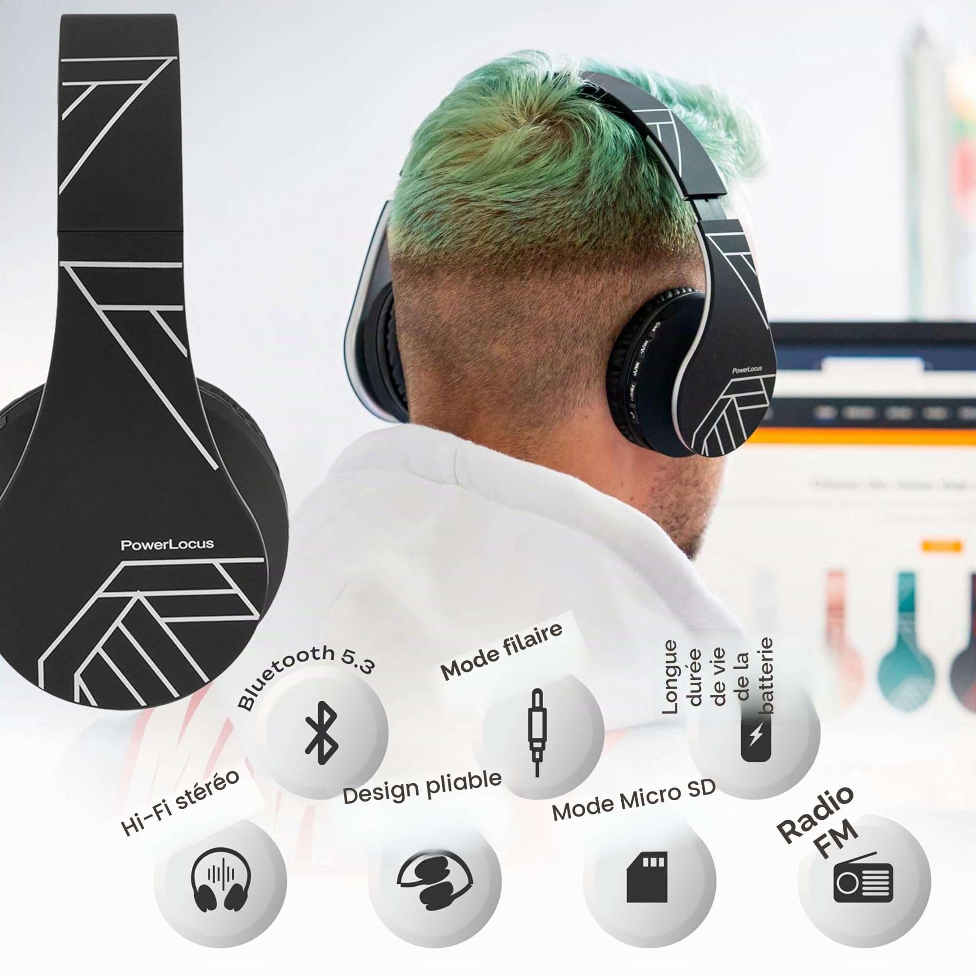 PowerLocus Casque Bluetooth sans Fil, Pliable Casque Audio Stéréo, Oreillette Bluetooth avec Micro Intégré/Micro SD/FM Radio pour Téléphones/PC/Tablettes/TV (Noir/Argent)