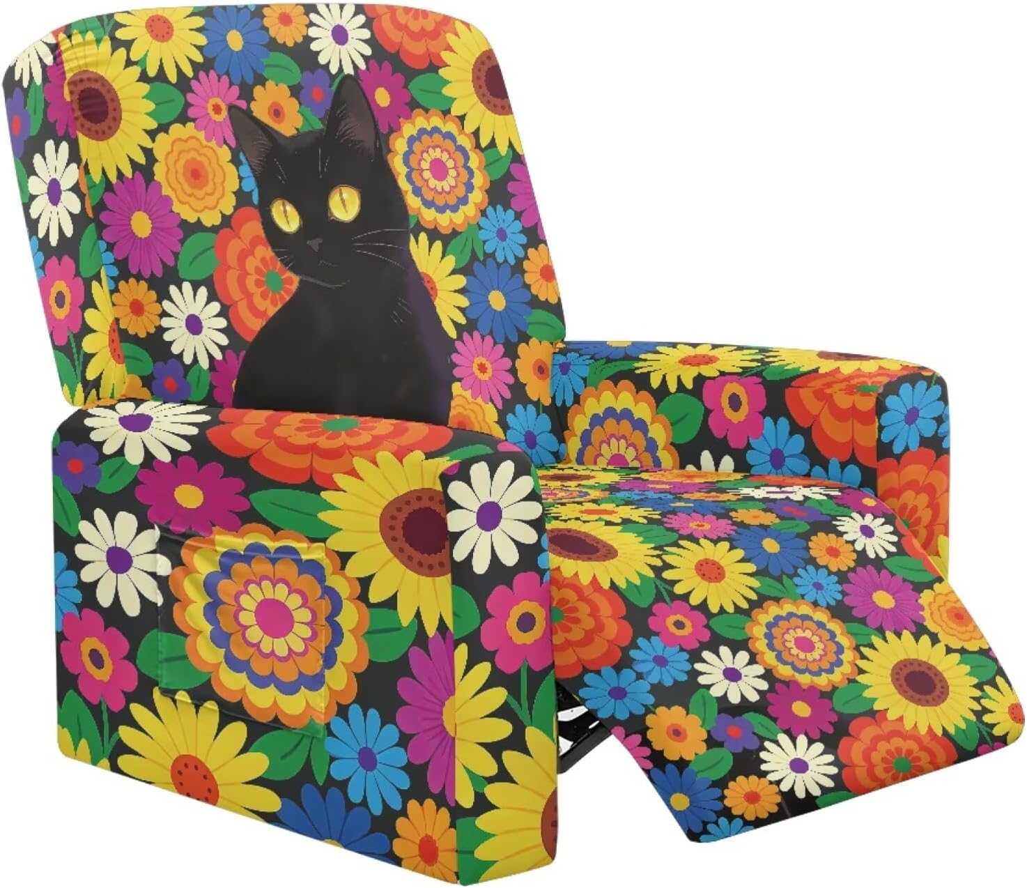 Hippie Flower Black Cat Daisy Print Recliner Slipcover Washable Couch Cover with Non Slip and Elastic Straps 4 Pieces Recliner Chair Cover Stretch Sofa Slipcover with Storage Pocket
