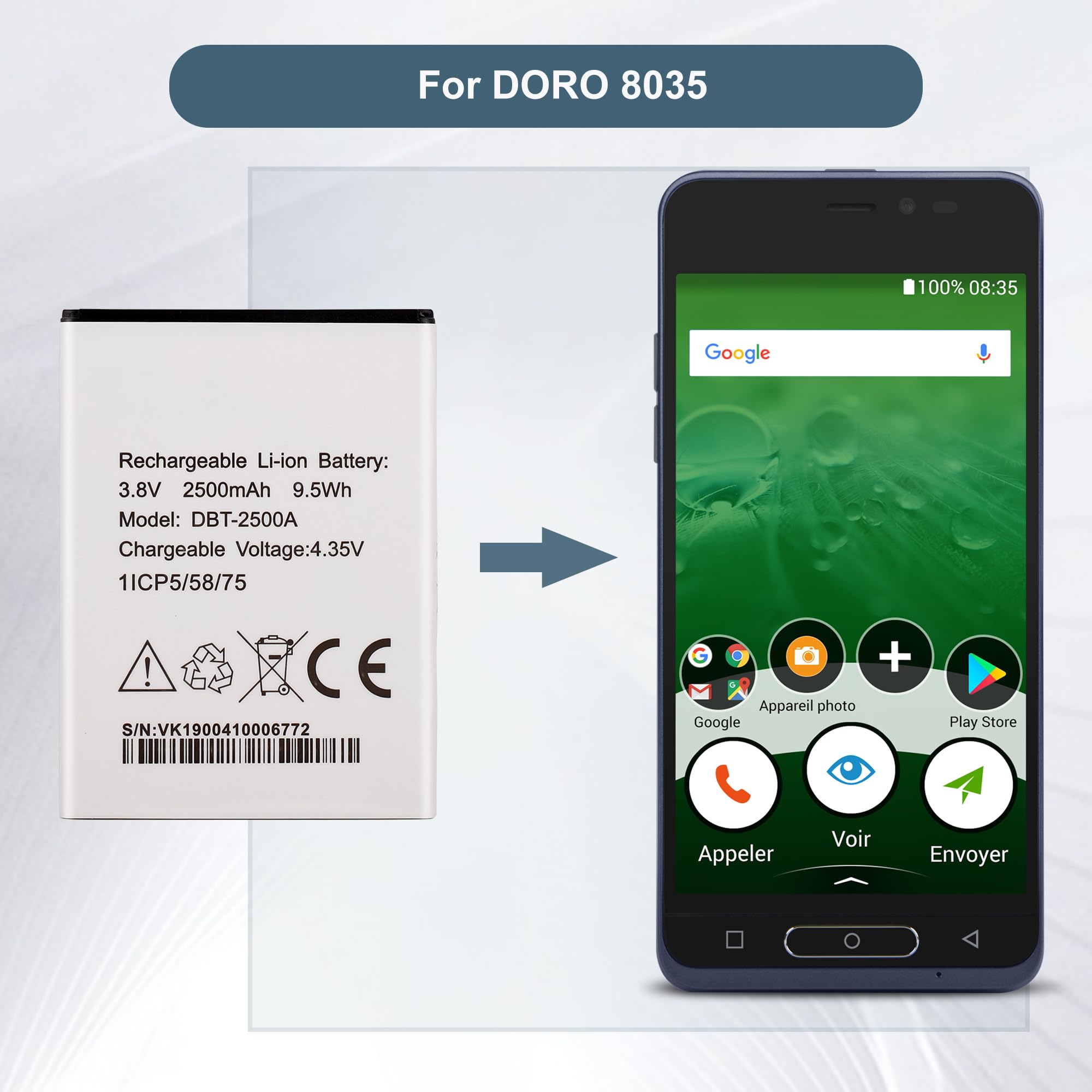 Akumulator zastępczy DBT-2500A kompatybilny z akumulatorem Doro 8035 z narzędziami