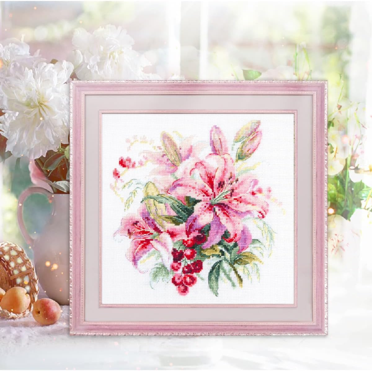 Magic Needle 18x18cm Pink Lilies Counted Cross Stitch Kit
