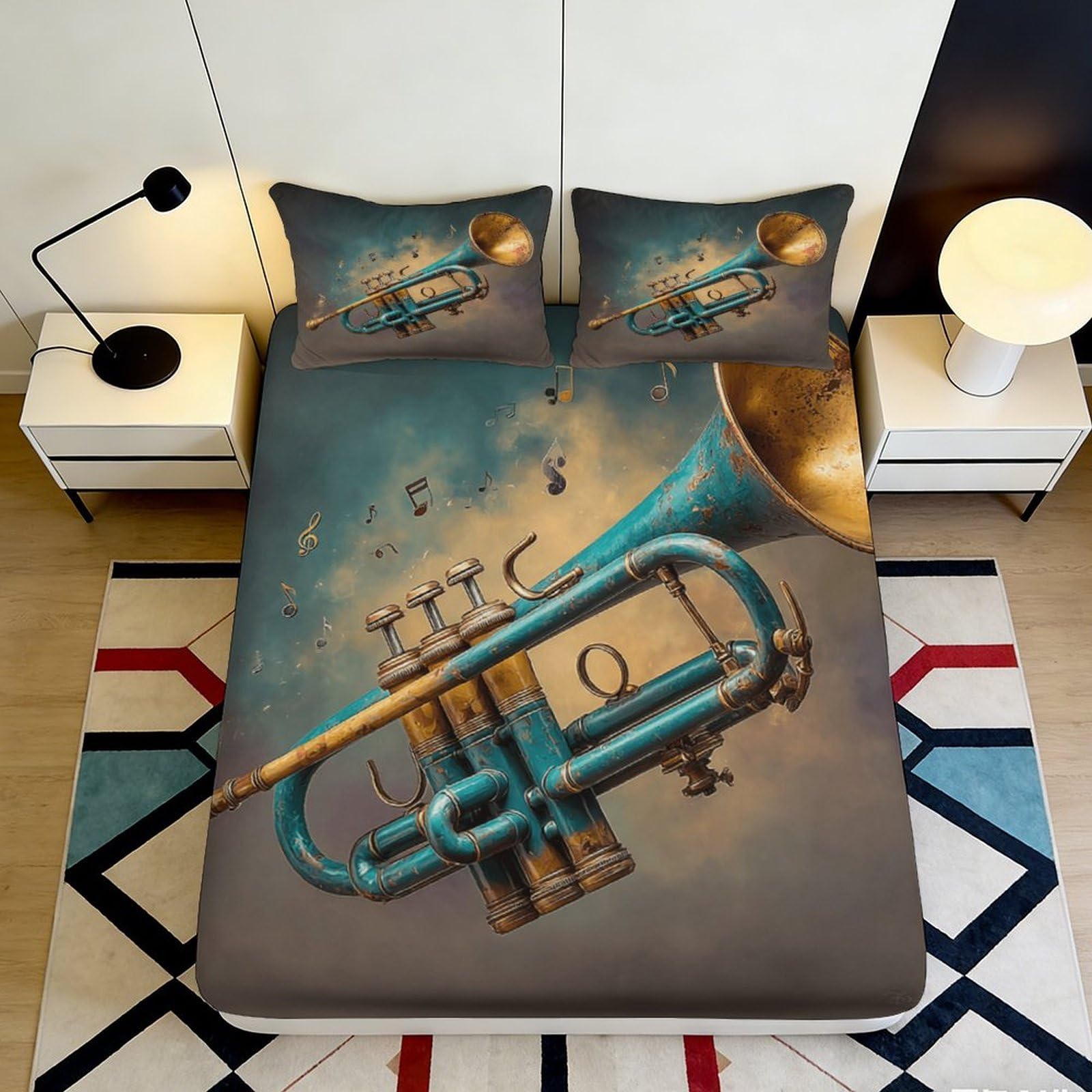 3D Printed Blue Trumpet Fitted Sheet Microfiber Non-Slip Musical Notes Mattress Cover for Bedroom Dorm Decor 160x200x25cm