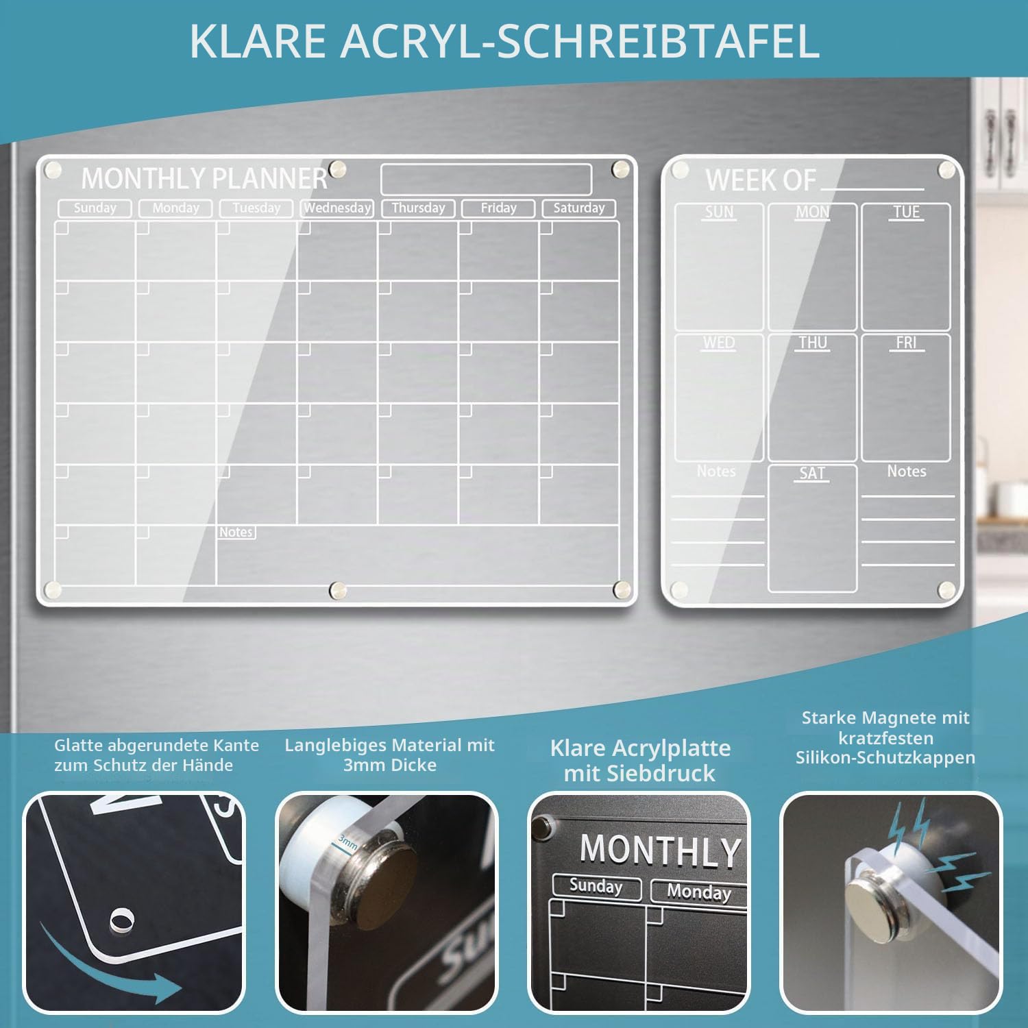 Acryl Magnetischer Kalender für Kühlschrank, 2 Stück, Transparenter Abwischbar Monats- und Wochenkalender Planungstafel für Kühlschrank, mit 6 Farbmarkern, Stifthalter und Handtuch