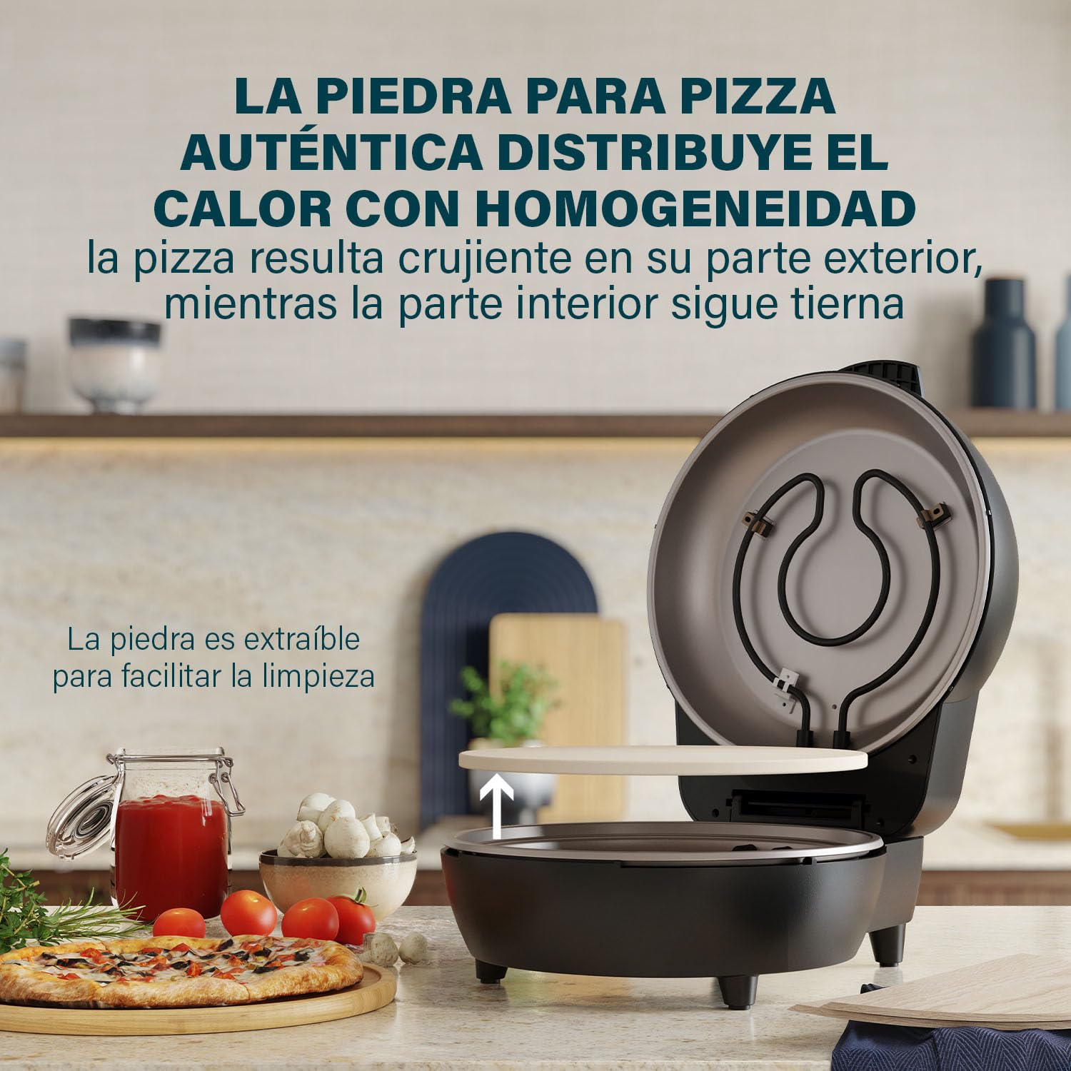 Princess 115005 Horno para pizzas, 30 cm, Piedra especial para pizzas, 2 palas para sacar la pizza del horno, Temperatura (hasta 400 C) y temporizador (15 min.) ajustables, 1200 W