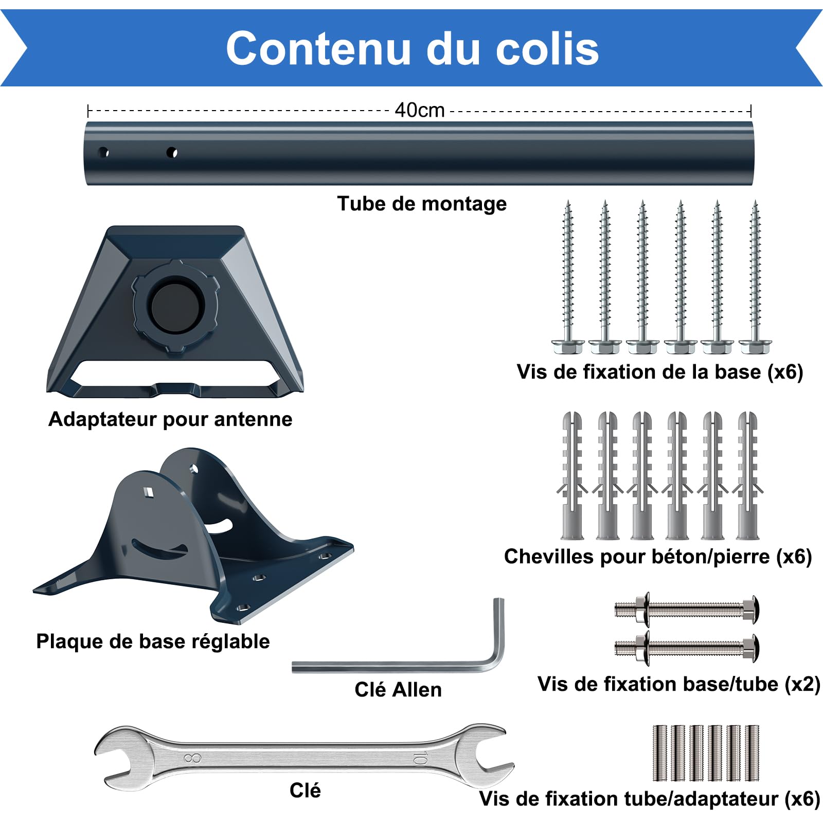 Support de Montage Gen 3/4/4X pour Starlink en Alliage d'Aluminium, Tube Pivot en Acier Renforcé de 40 cm avec Kit de Base Réglable, Compatible avec l'Antenne Standard V3 Starlink pour Toit