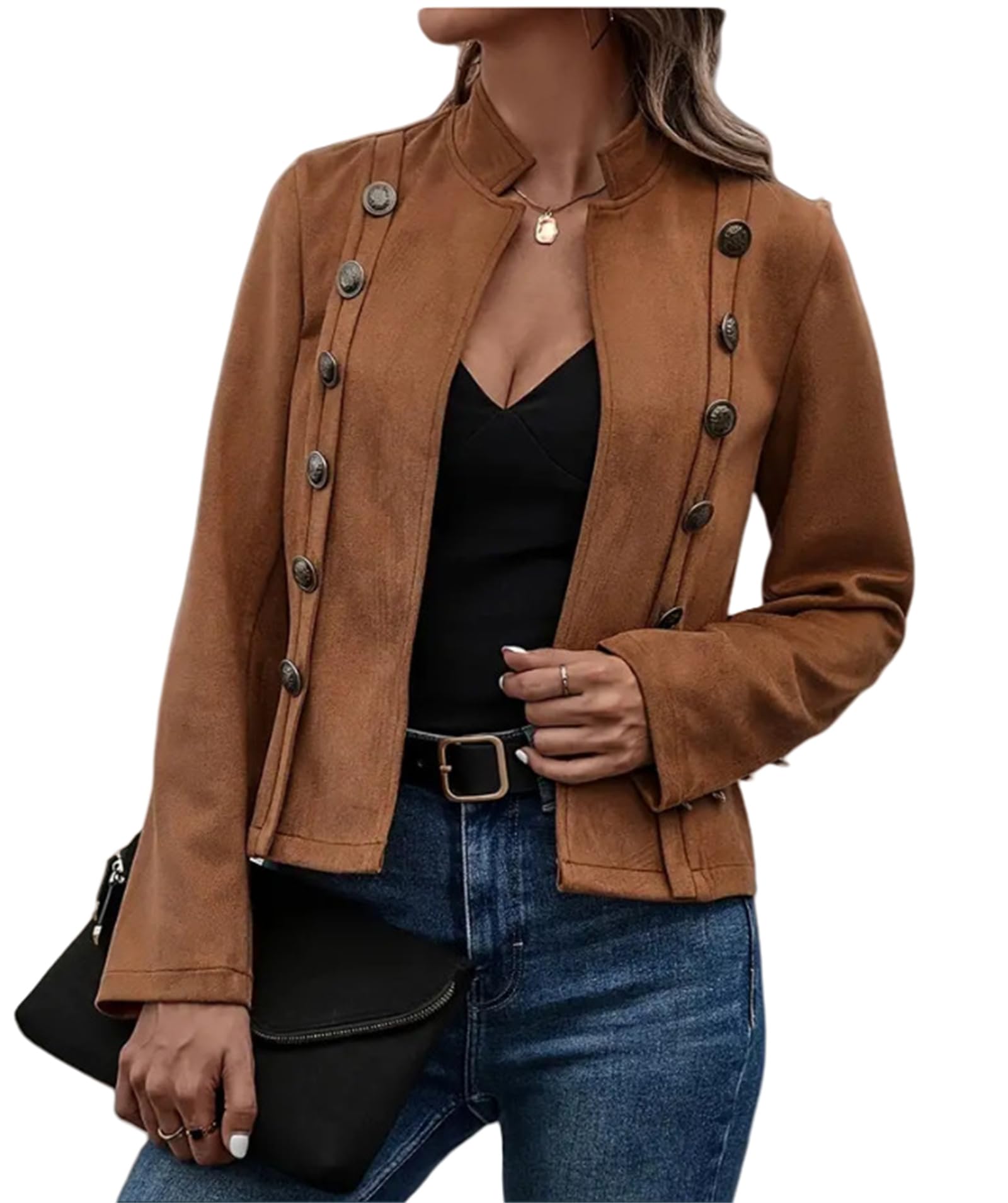 Damenjacke aus Wildlederimitat, vorne offen, zweireihig, langärmelig, hellbraune Jacke für Damen