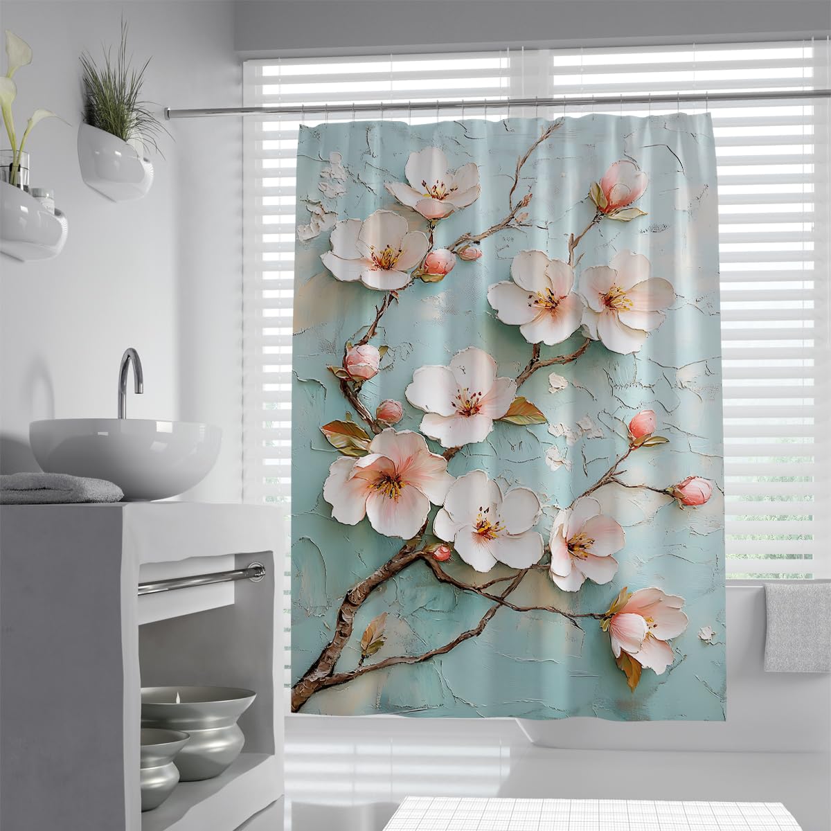 UIRINGART Elegant Textured Cherry Blossom Shower Curtain W200xL200cm Light Blue Plum Flower Machine Washable Quick Dry Shower Screen For Bath Tub With Hooks