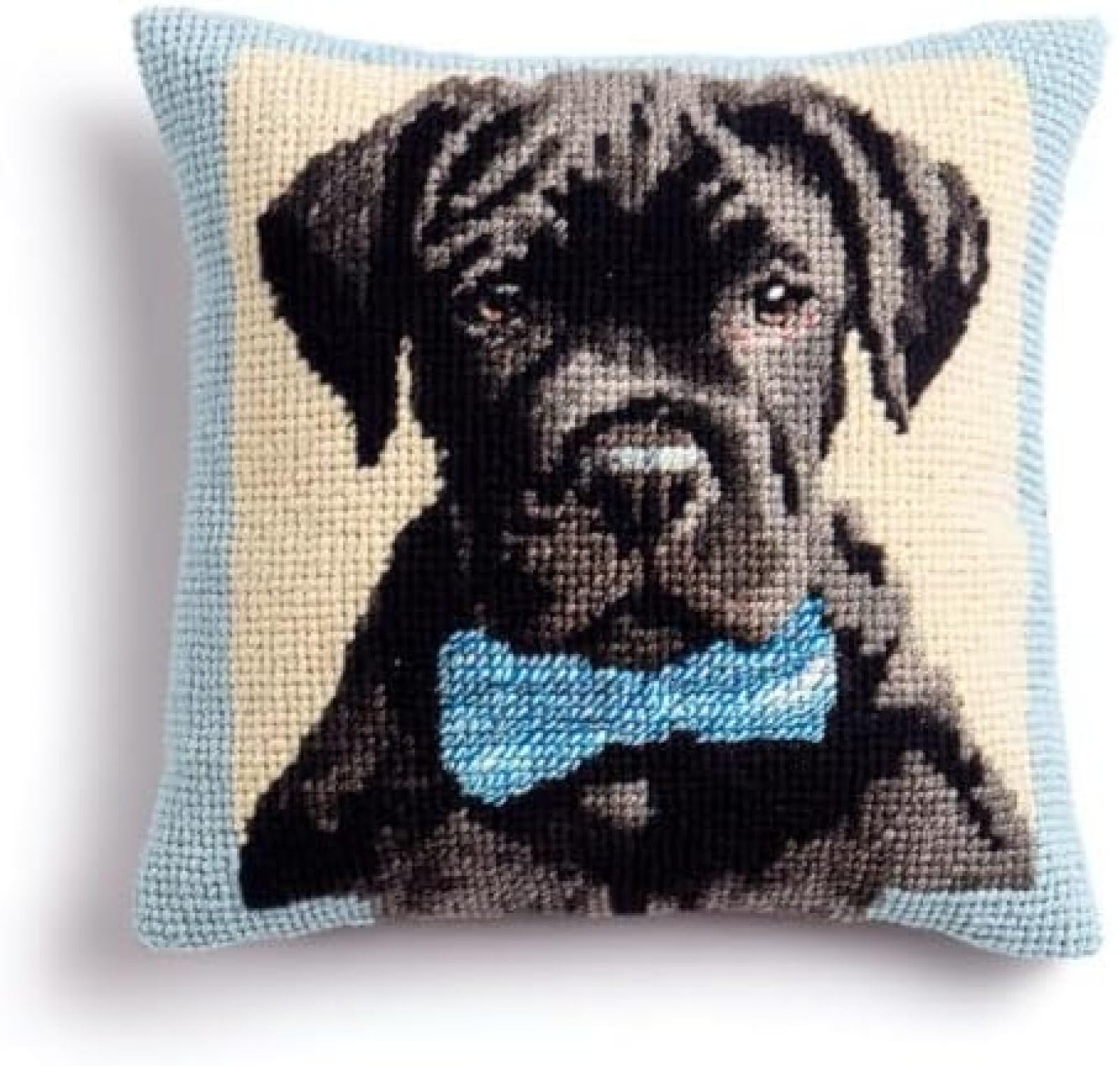 kitphoenix Beginner Latch Hook Cushion Cover Kit,Cane Corso Dog Bow Tie,Adults DIY Embroidery Crochet Craft Kit with Pre-Cut Yarn and Printed Canvas,43x43 cm