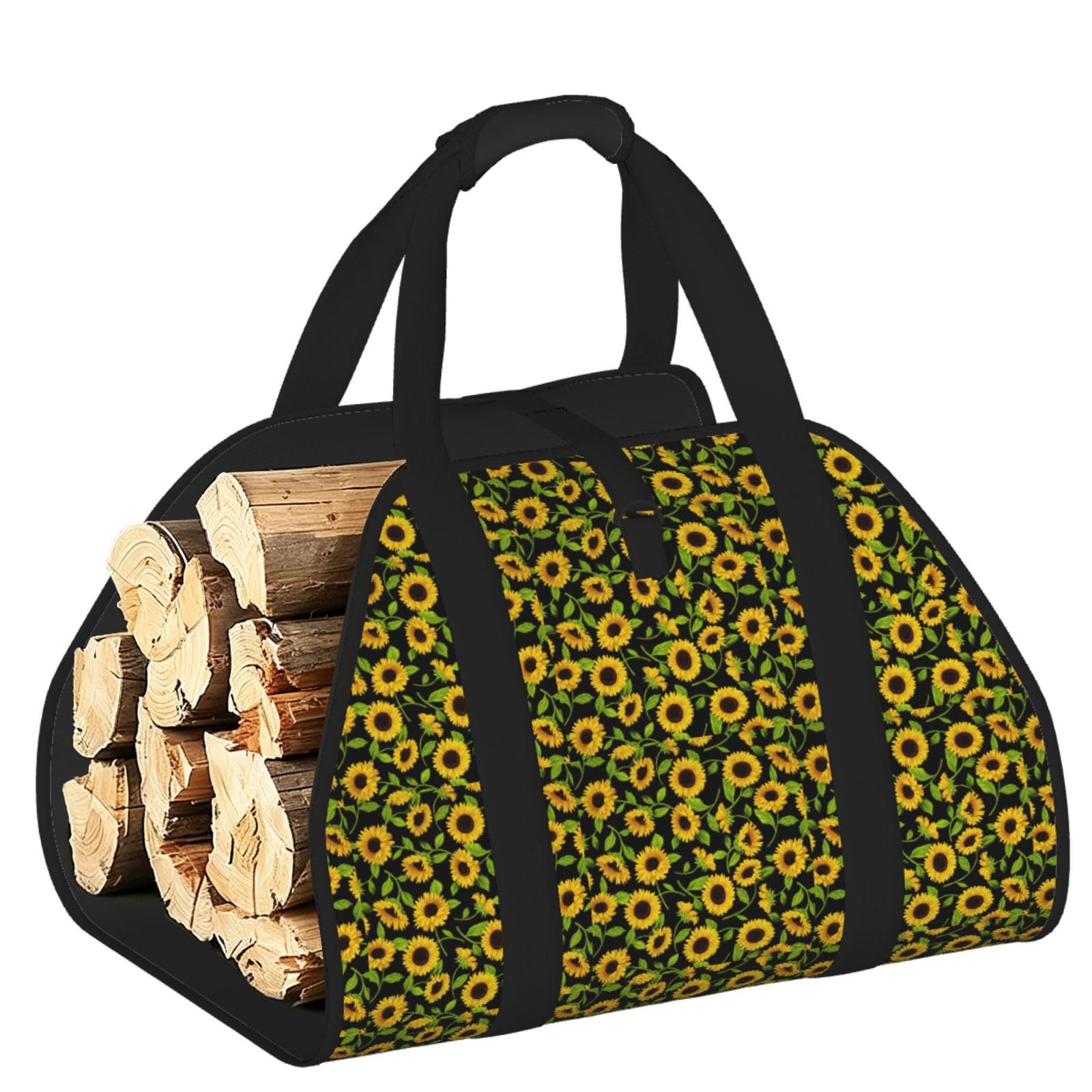 Ayyqwe Black Beautiful Sunflower Print Firewood Bag Wood Waterproof Versatile Camping Picnic Storage Daily Home