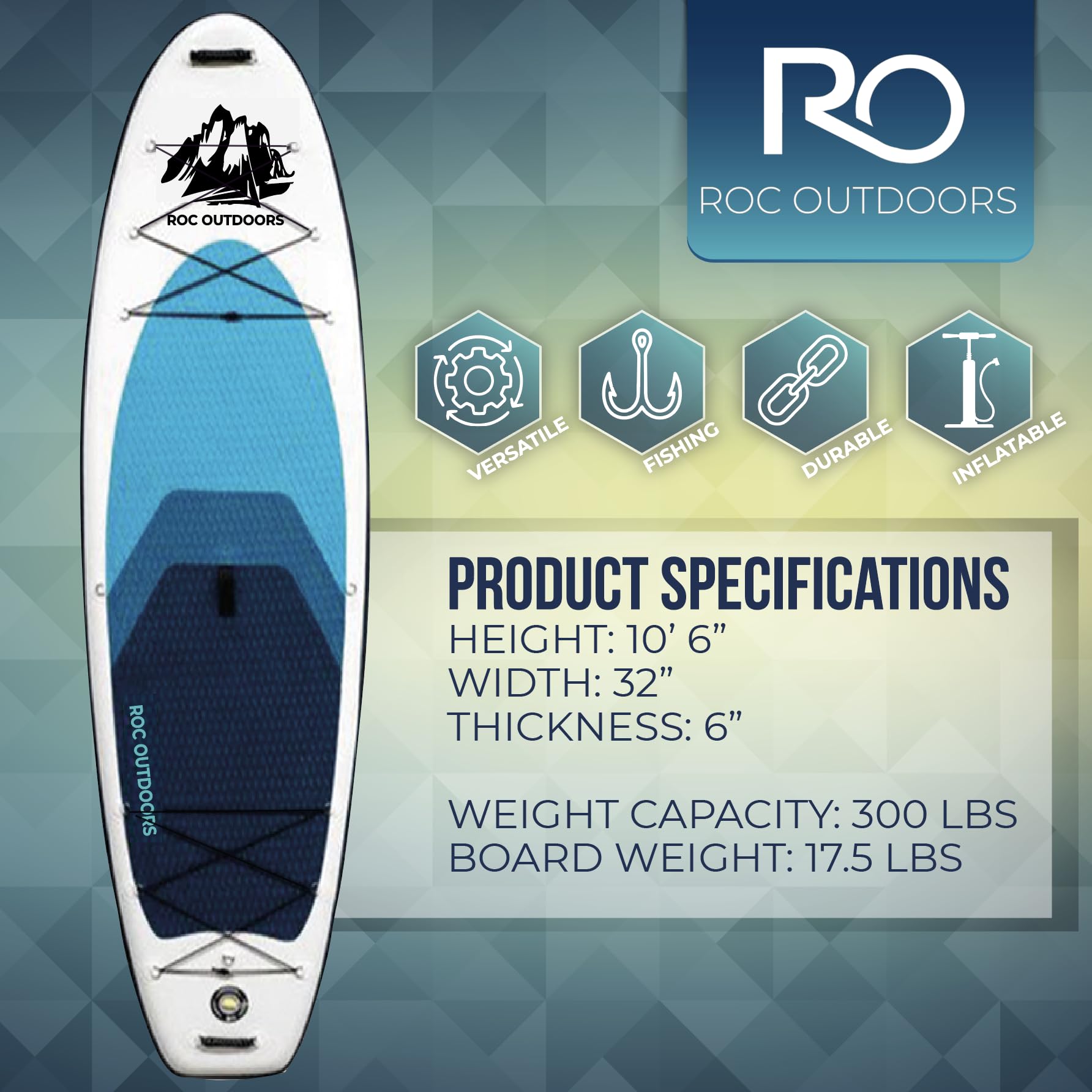 Roc Inflatable Stand Up Paddle Board 10' 6" with Premium SUP Paddle Board Accessories, Wide Stable Design, Non-Slip Comfort Deck for Youth & Adults - 4