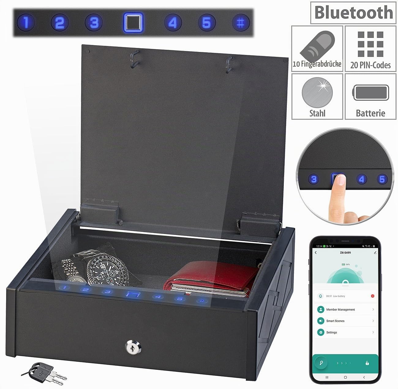 Xcase biometrischer Safe: Smarter Tresor mit biometrischer Fingerabdruckerkennung, App (Geldkassette mit Fingerabdruck, Kleiner Tresor mit Fingerabdruck, Uhren)
