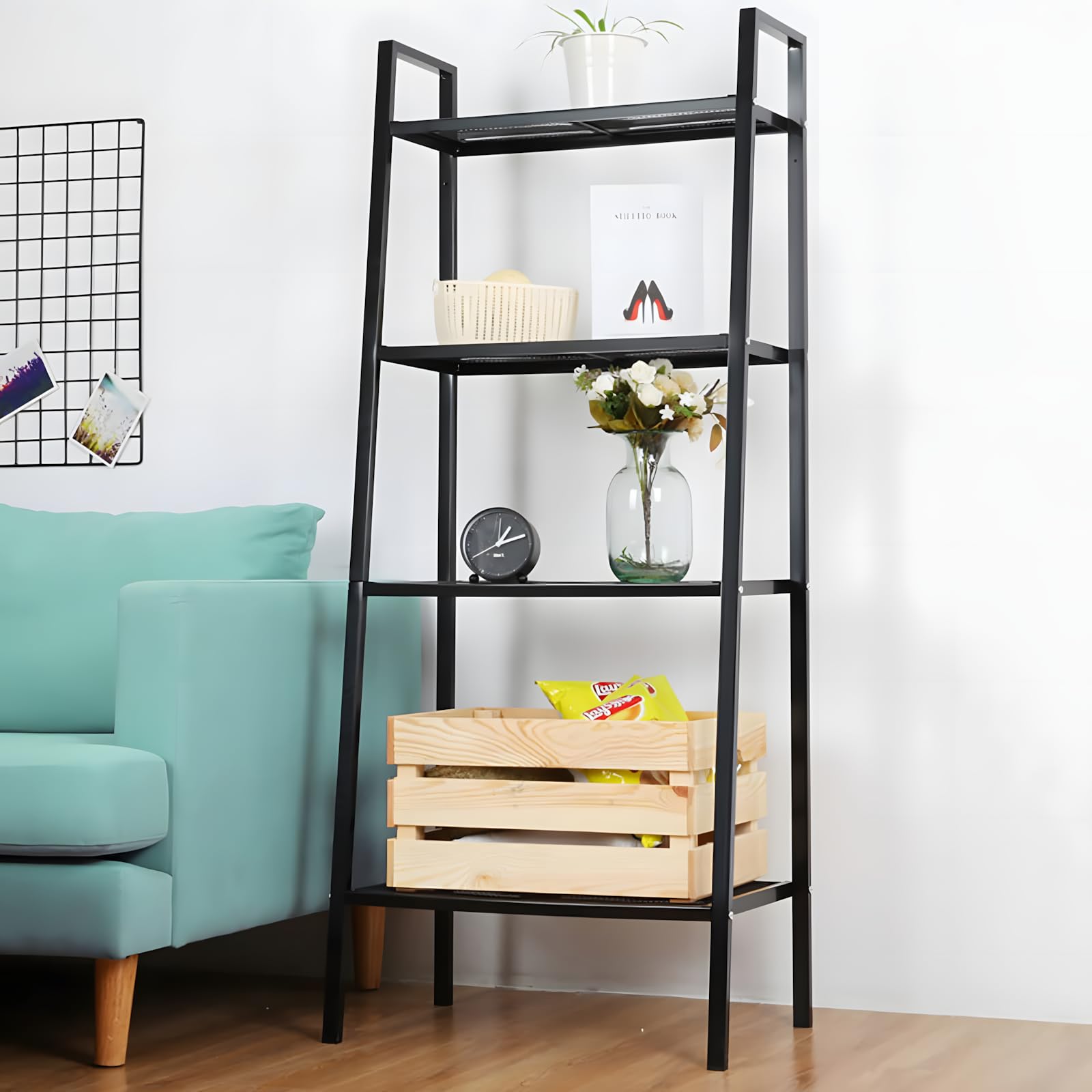 Ladder Shelf 4-Tier Bookshelf Plant Flower Stand Storage Rack Industrial Organizer Modern Shelves Shelving Bookcase Iron Stable Metal Frame Furniture Home for Living Room Kitchen Office