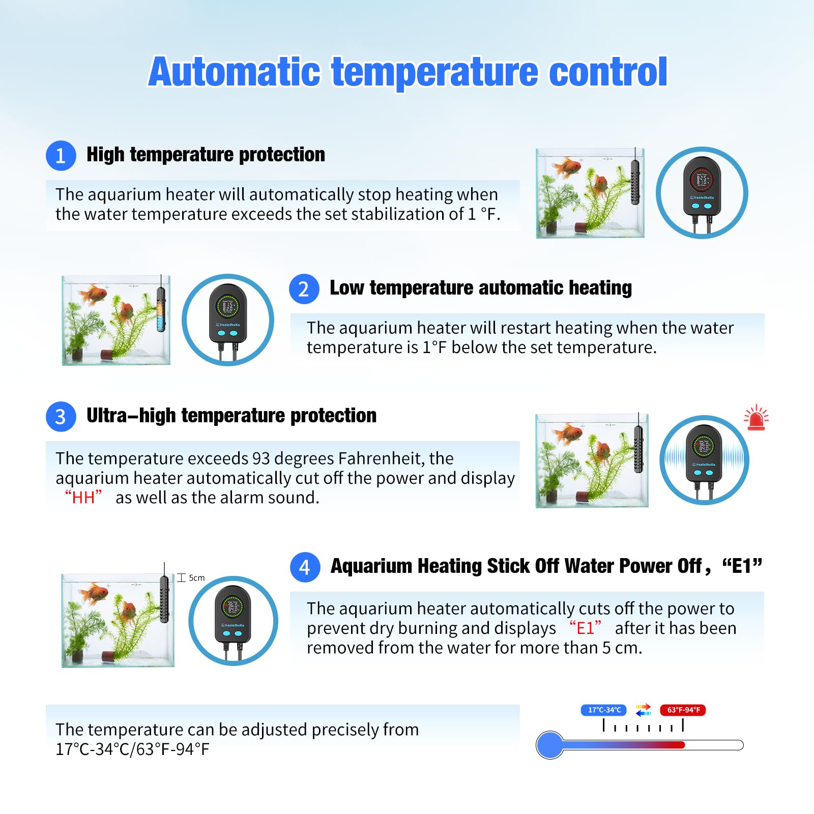 Calentador sumergible de acuario de 100 W/200 W/300 W/500 W, calentador de pecera con protección de alta temperatura y calentador de tanque de tortuga con apagado automático al salir de