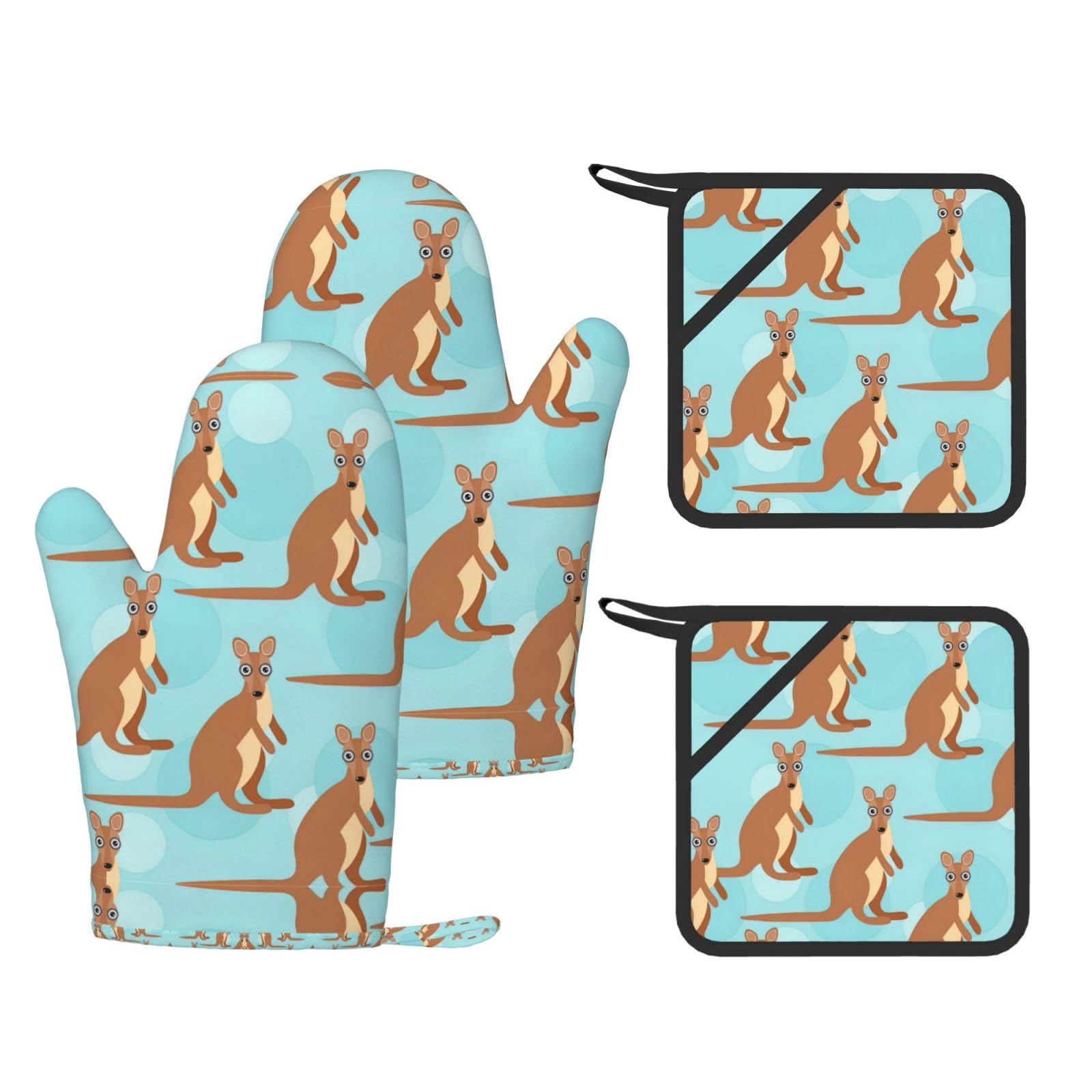 Funny for Kangaroo Zoo Trendy Printed Kitchen Set with Heat Resistant Gloves & Non-Slip Hot Pads for Baking & Grilling