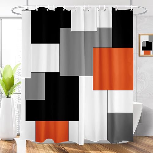 Cortina de ducha geométrica naranja negro, blanco y gris, a cuadros modernos, juego de cortina de ducha abstracta para decoración de baño, cortina